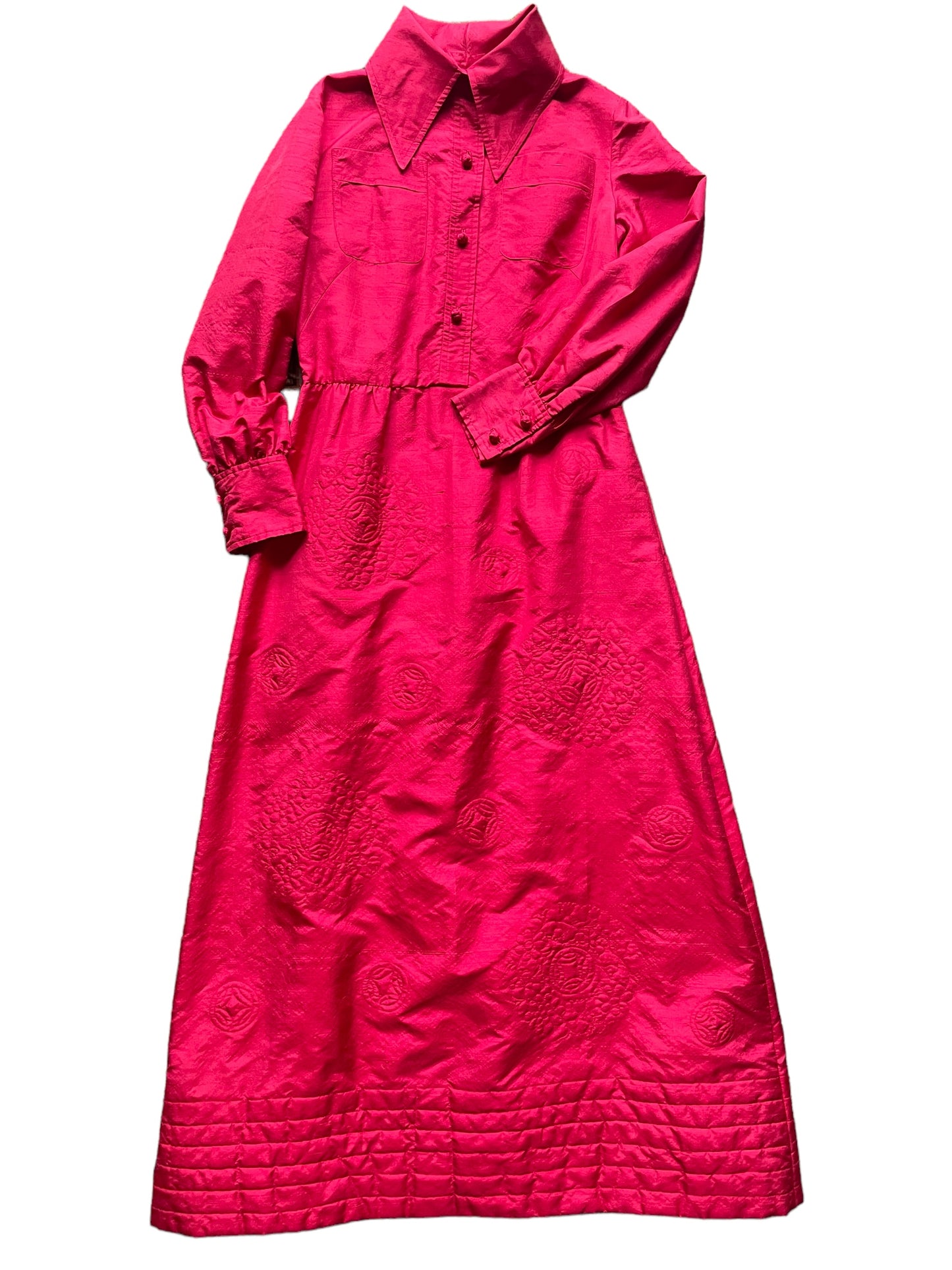 Front flat lay view of Vintage 1960s Lord and Taylor "Tea House" Silk Maxi Dress SZ L | Barn Owl Vintage Dresses| Seattle Vintage Dresses