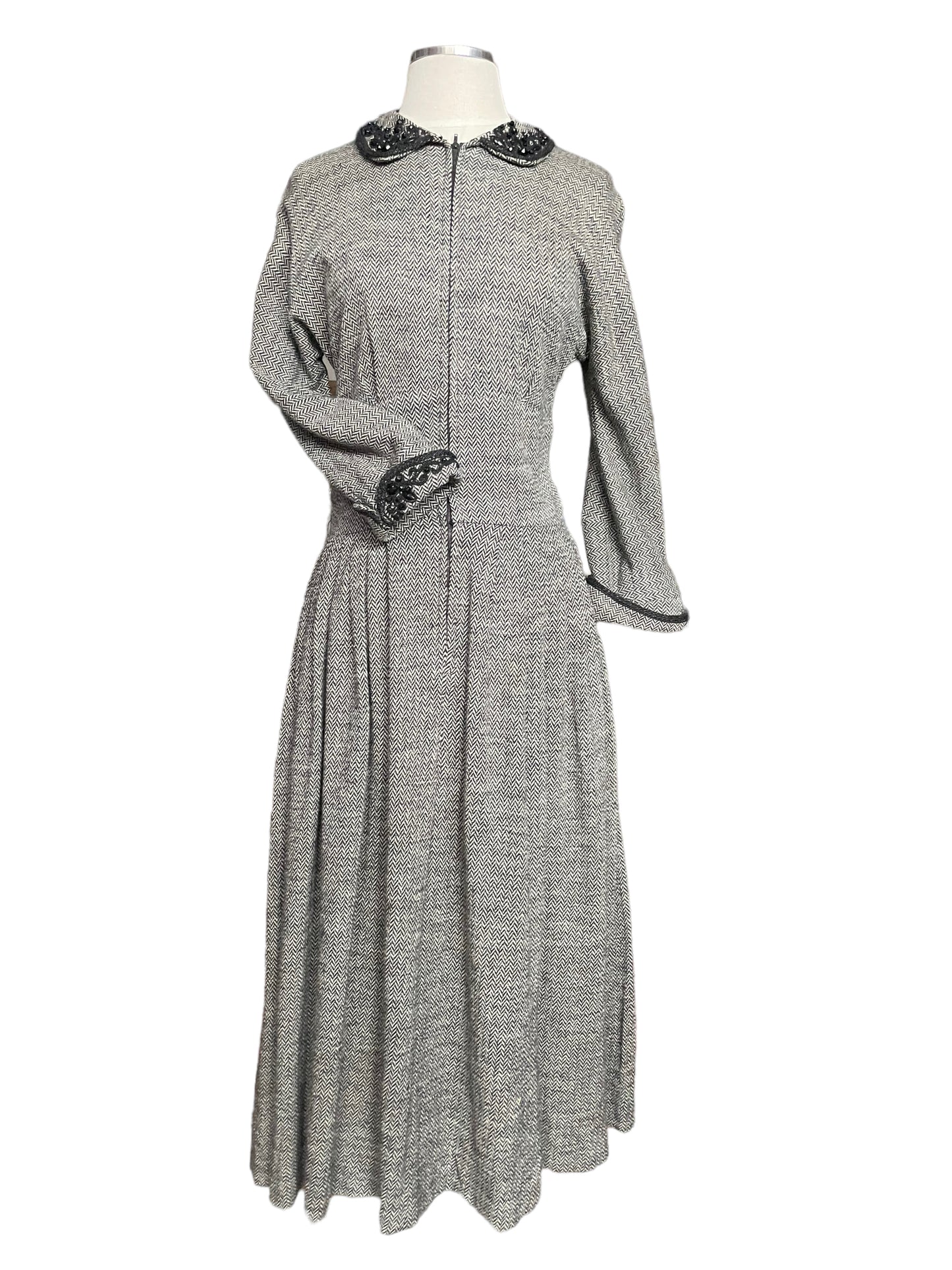 Full front view of Vintage 1940s Chevron Knit Dress with Beaded Collar | Barn Owl Vintage Dresses| Seattle Vintage Dresses