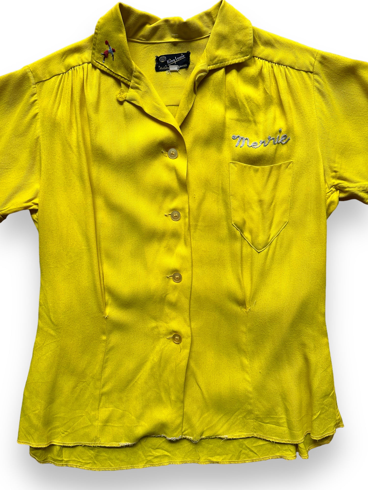 front close up of Vintage Ski Bowl Chainstitched Ladies Bowling Shirt SZ 34 | Vintage Bowling Shirt Seattle | Barn Owl Vintage Seattle