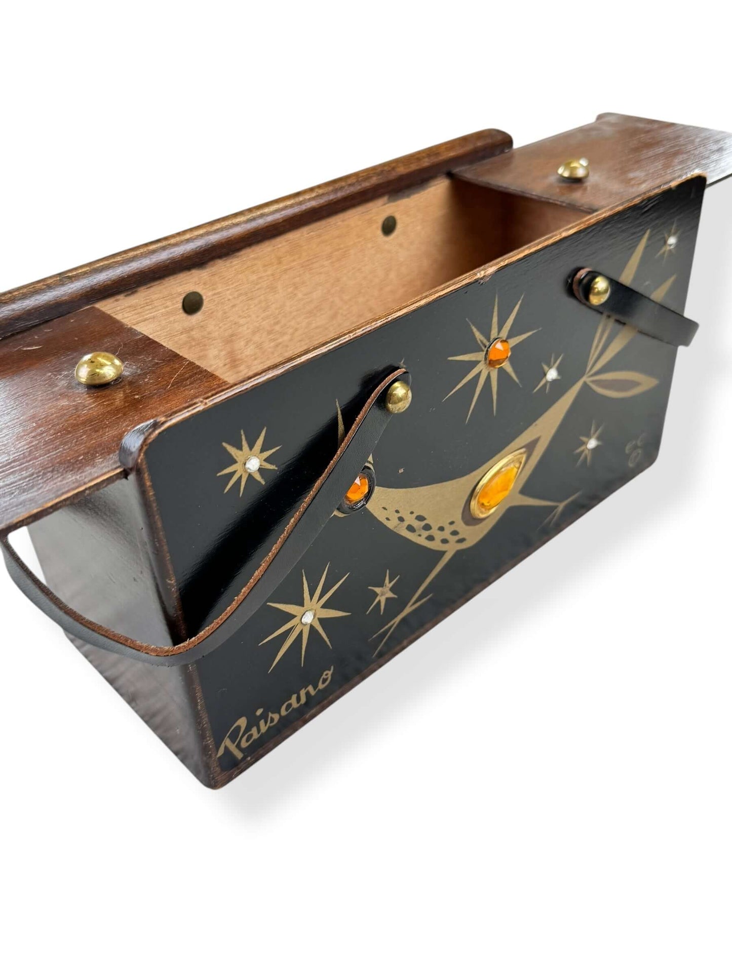 Open view of 1964 Enid Collins Paisano Roadrunner Box Purse
