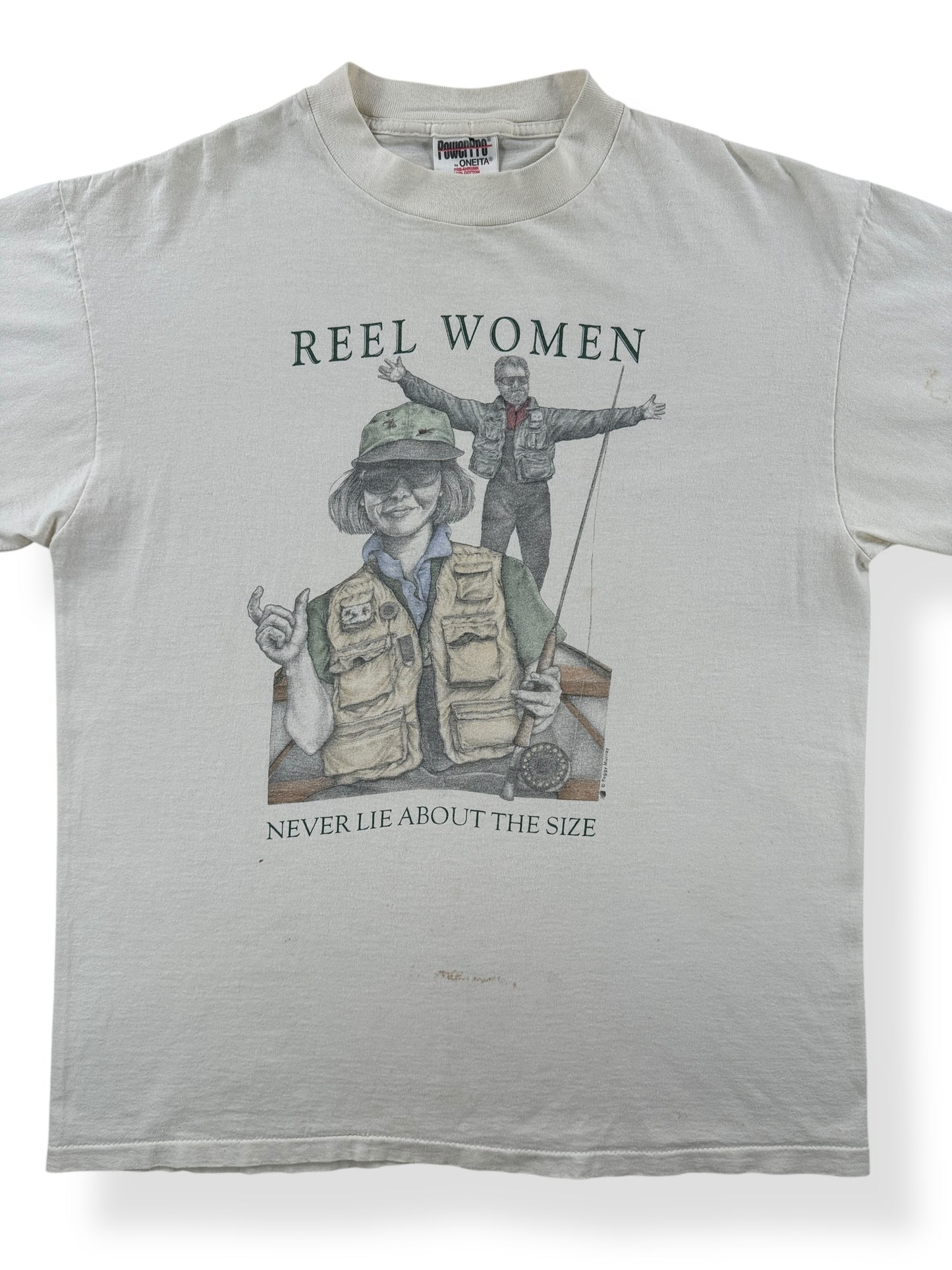 Front Close Up of Vintage Reel Women Tee SZ L