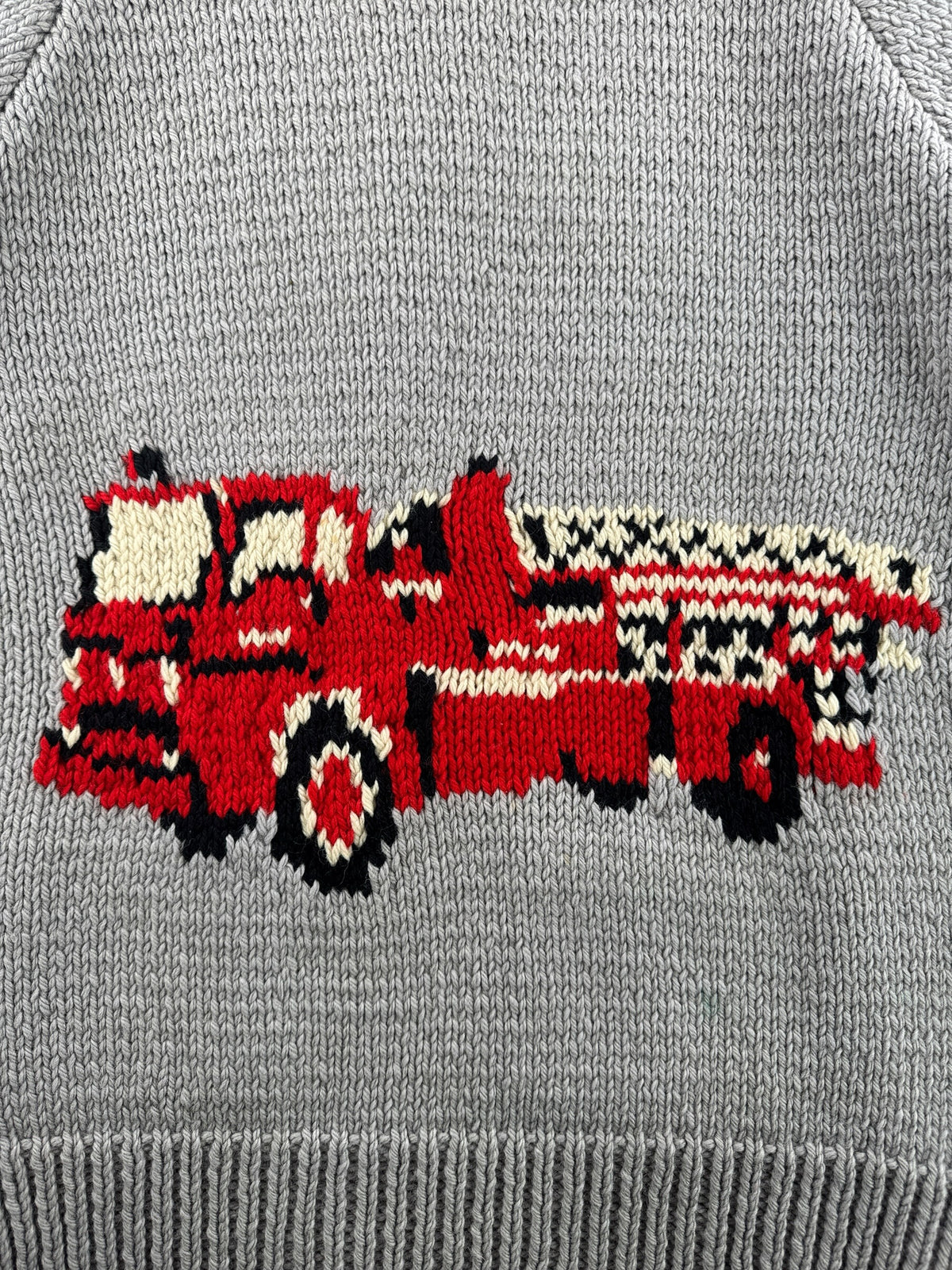 Firetruck on back of Vintage 50s Firetruck Cowichan Style Sweater SZ L