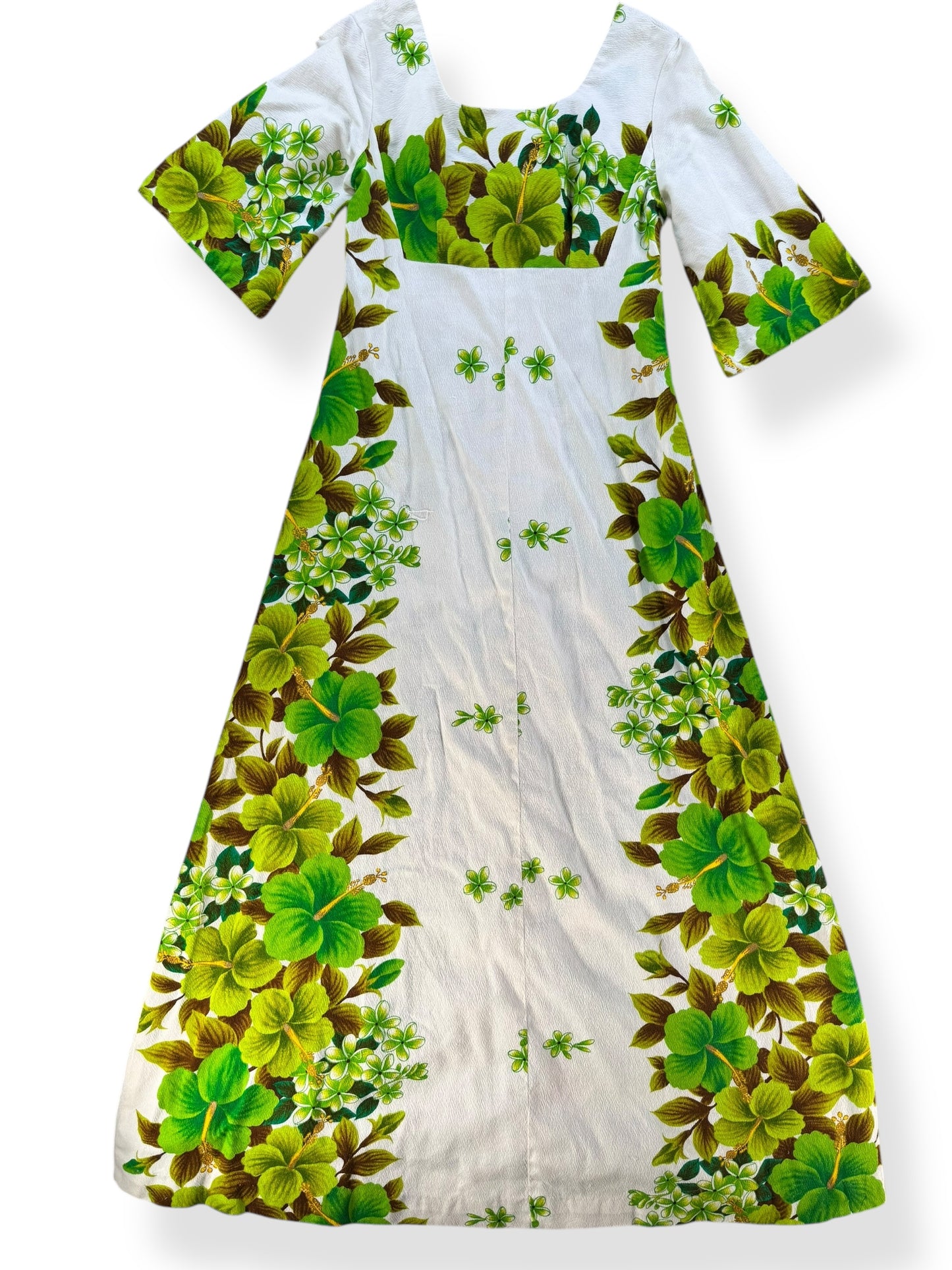 Front view of1960s Green Hibiscus Aloha Dress S