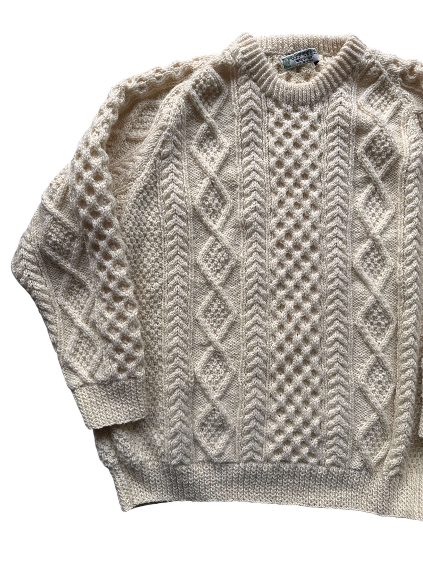 Front Right of Vintage Ronnie Hannigan Cream Irish Cable Knit Fishermans Sweater SZ XL