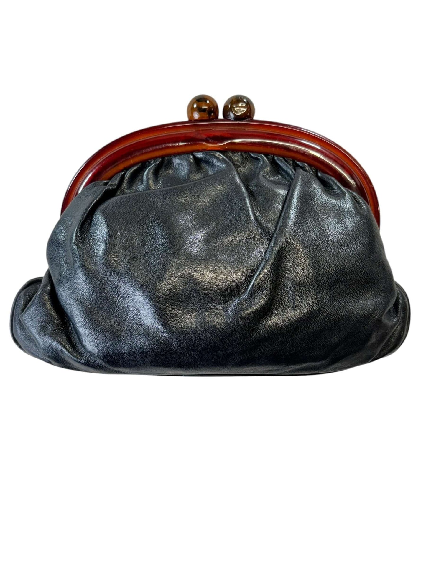 Side 1 of 1950s Black Leather Clutch with Lucite Handle