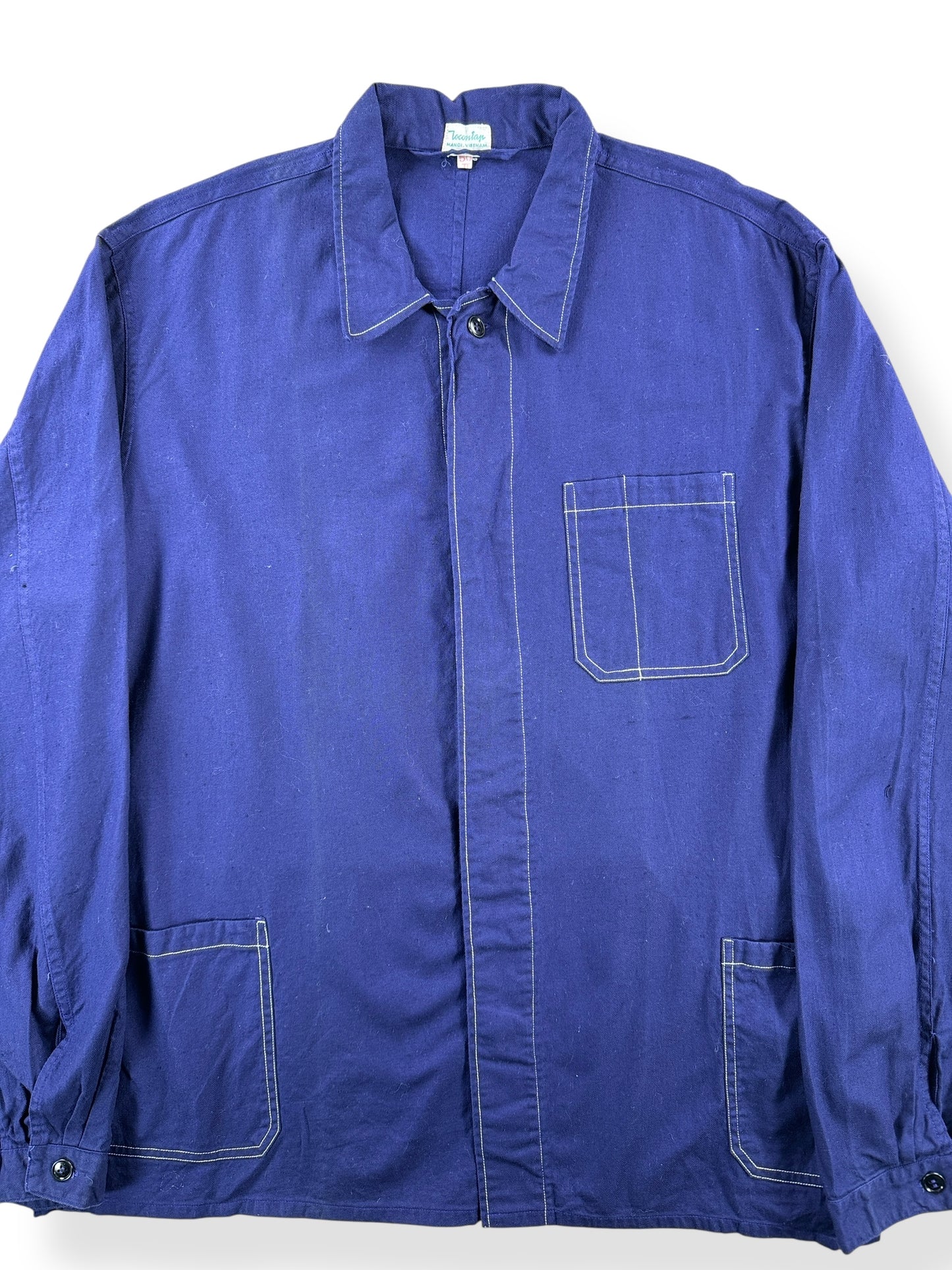 Front Close Up of Vintage Contrast Stitch French Chore Coat SZ L