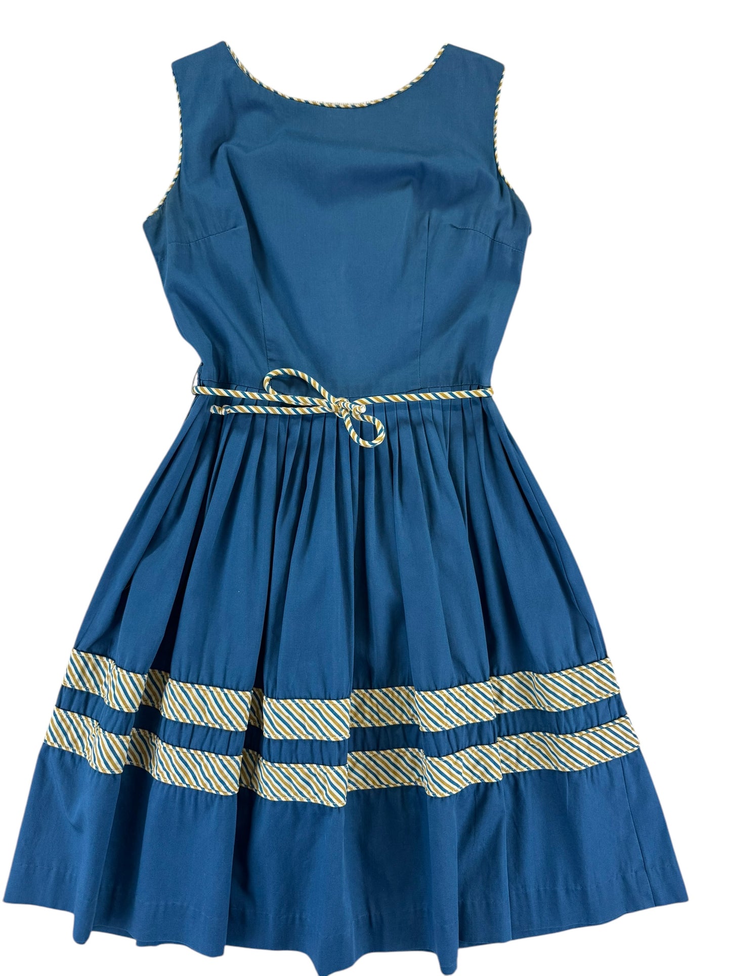 Front flat lay of 1950s Blue Cotton Dress M