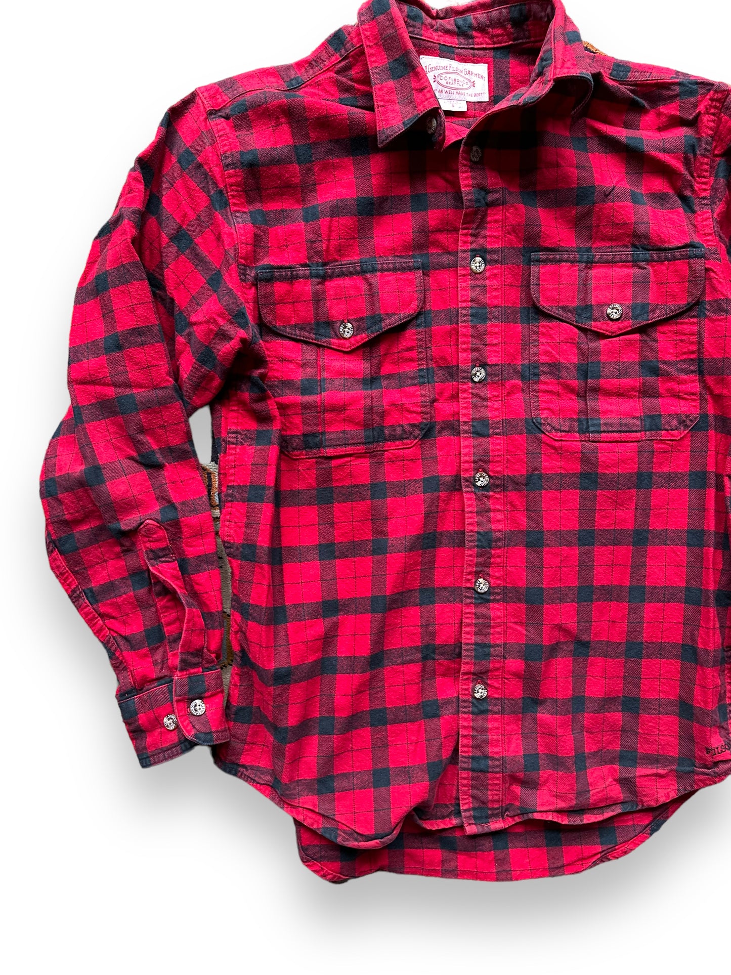 front right of Filson Black and Red Guide Shirt | Barn Owl Vintage Goods | Vintage Filson Workwear Seattle