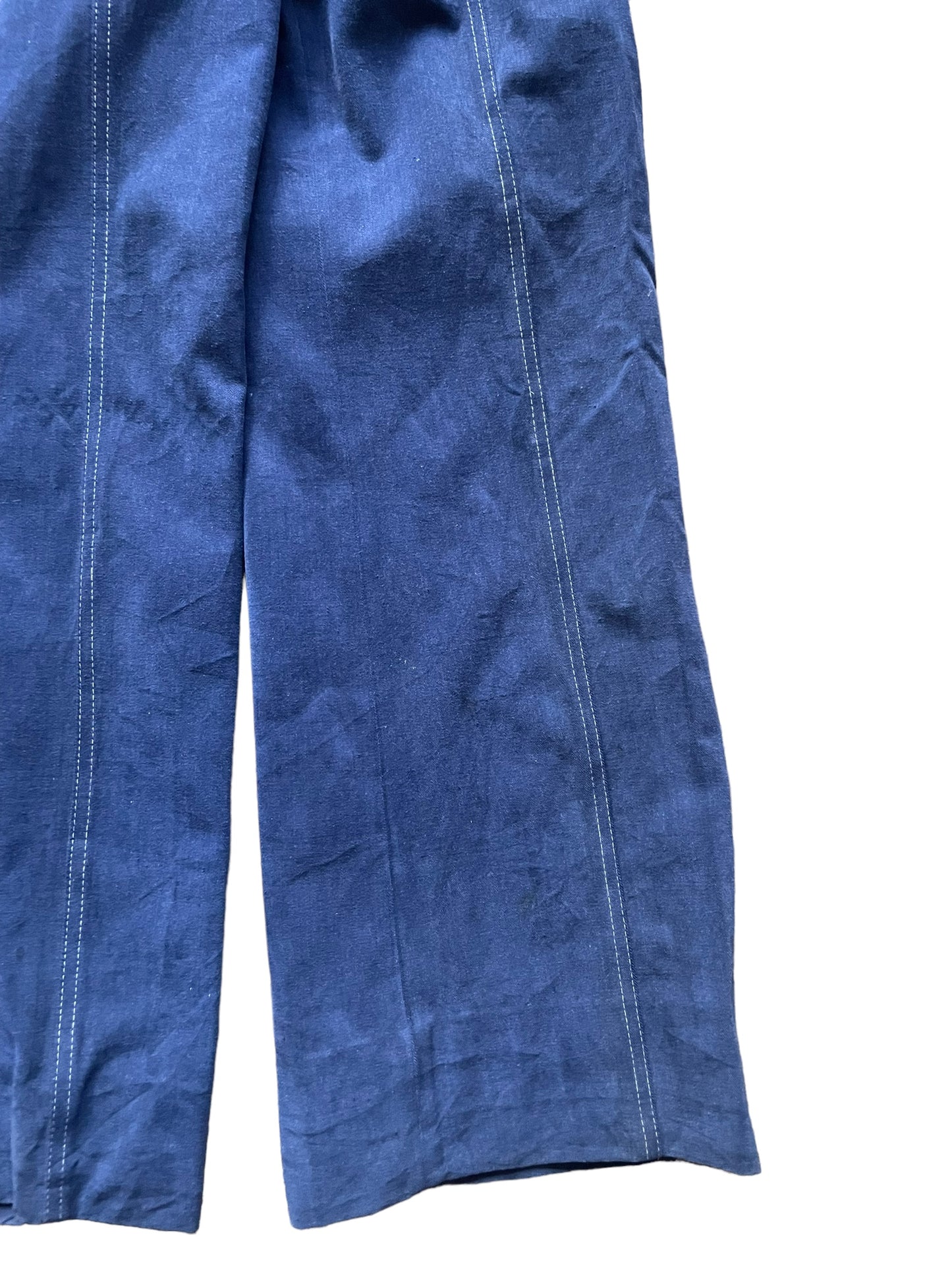 Front left view of Vintage 1970s Navy Moleskin Wide Leg Bells W26 | Barn Owl Vintage Seattle | Vintage 70s Moleskin Trousers