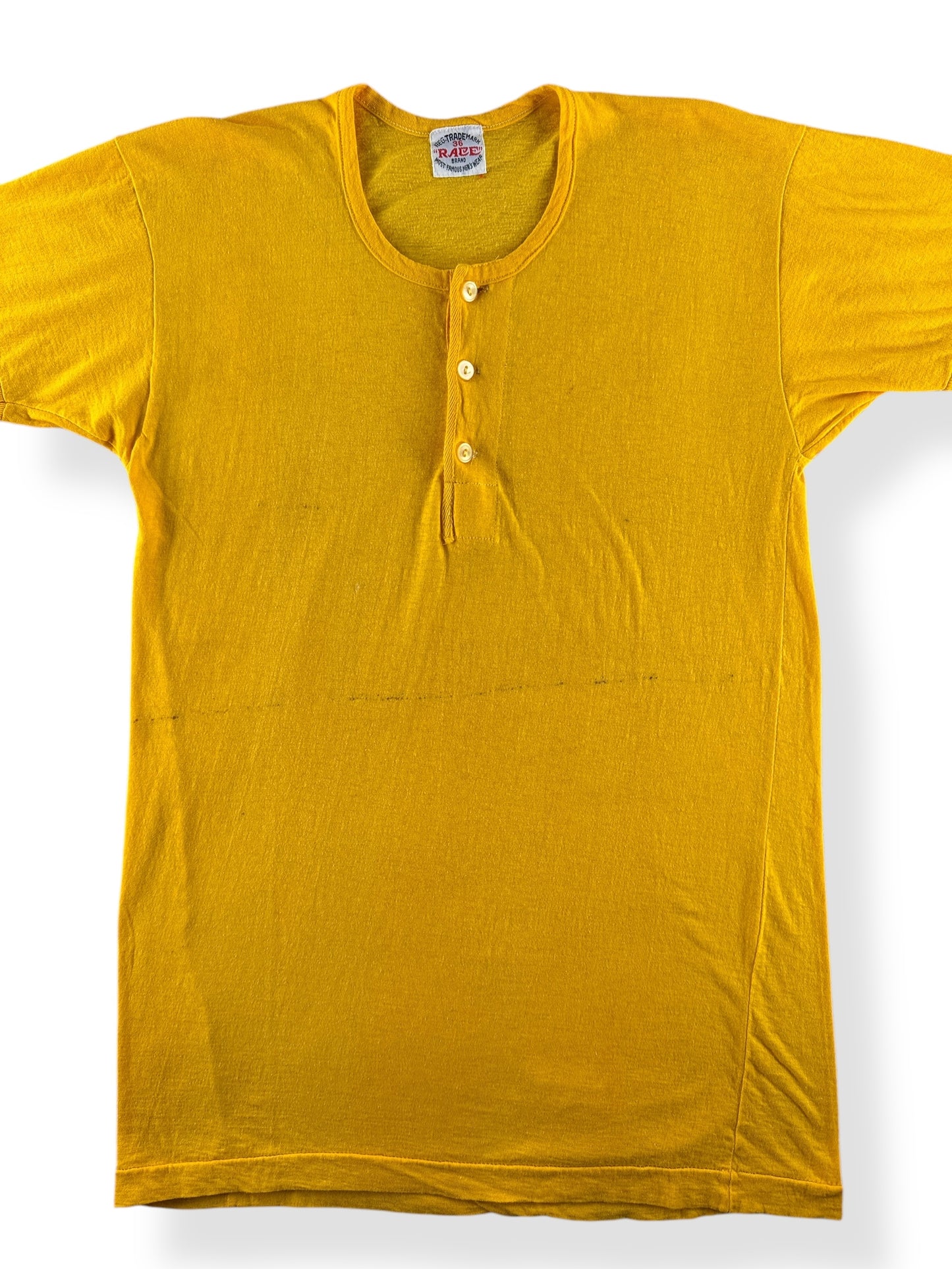 Front Close Up of Vintage Men's Yellow Henley SZ XS