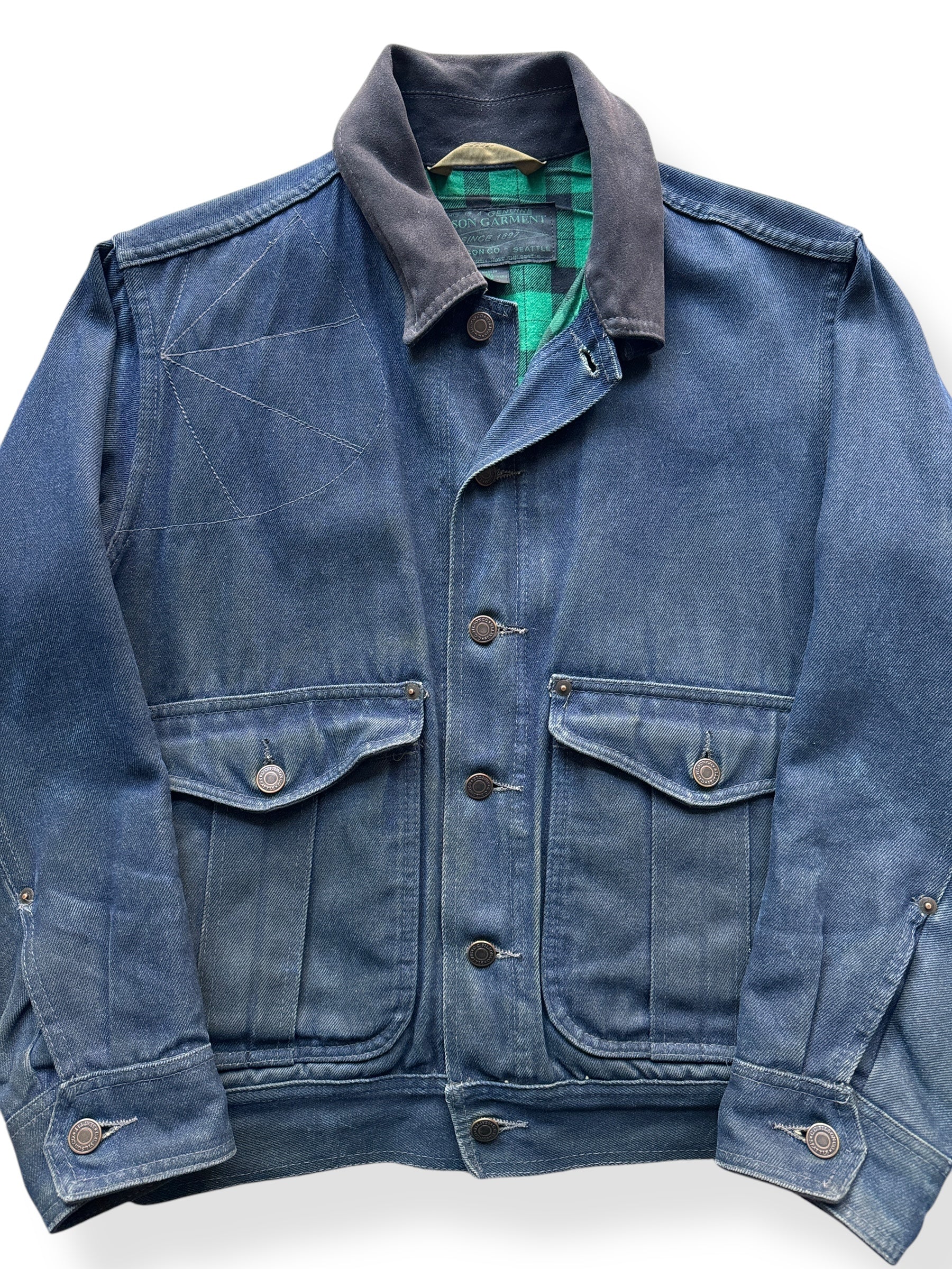 Front Close Up of Filson Black Label Belltown Waxed Denim Jacket SZ XS