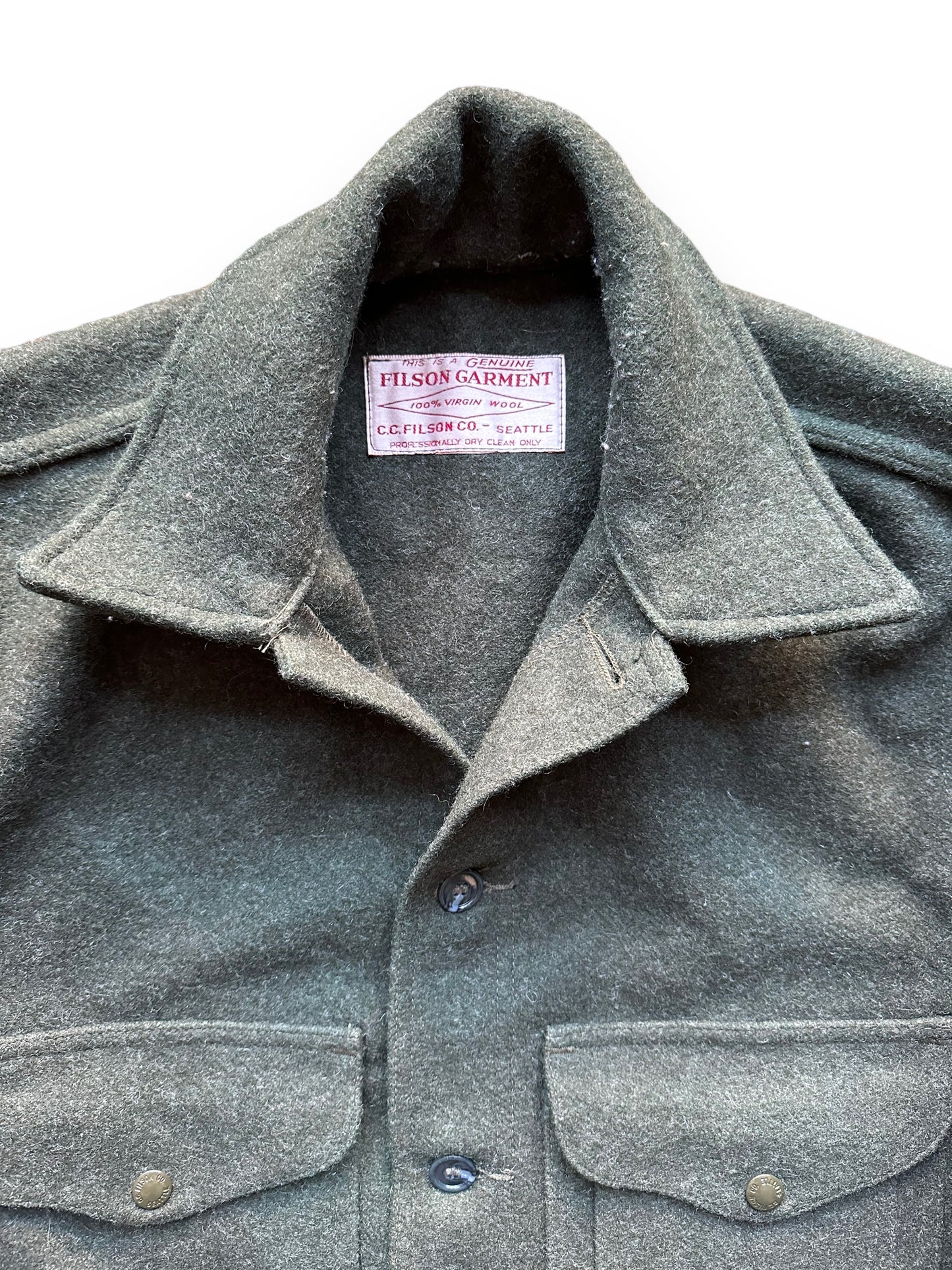Tag View of Filson Forest Green Mackinaw Cruiser SZ 42 |  Filson Cruiser Seattle | Vintage Workwear Seattle