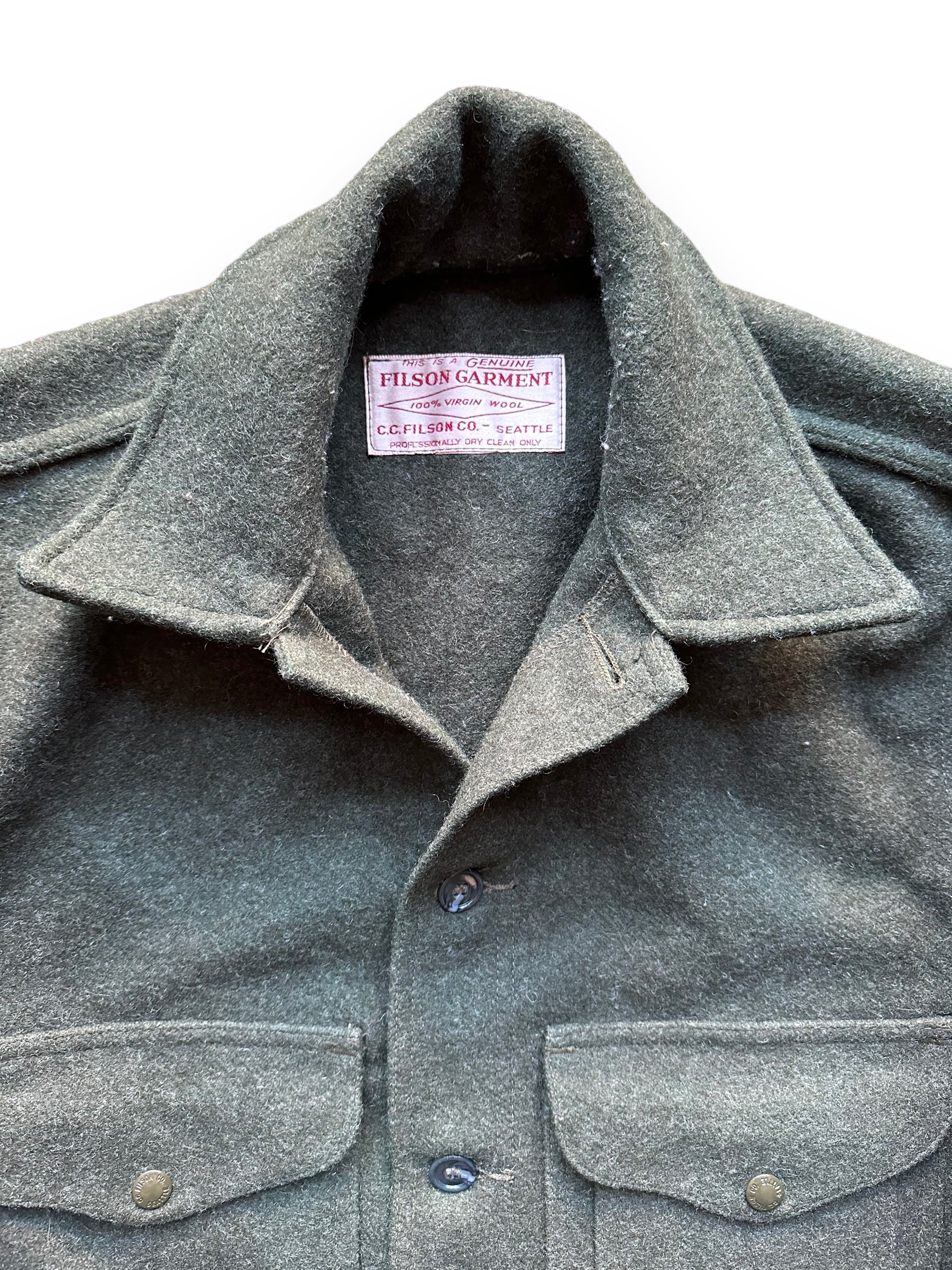 Tag View of Filson Forest Green Mackinaw Cruiser SZ 42 |  Filson Cruiser Seattle | Vintage Workwear Seattle