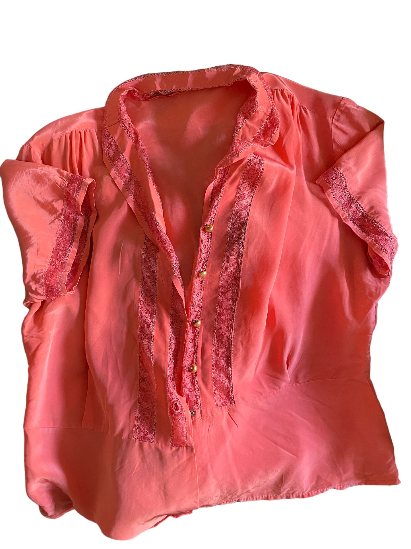Flat lay view of Vintage 1940s Satin Coral Blouse | Seattle True Vintage | Barn Owl Ladies Vintage