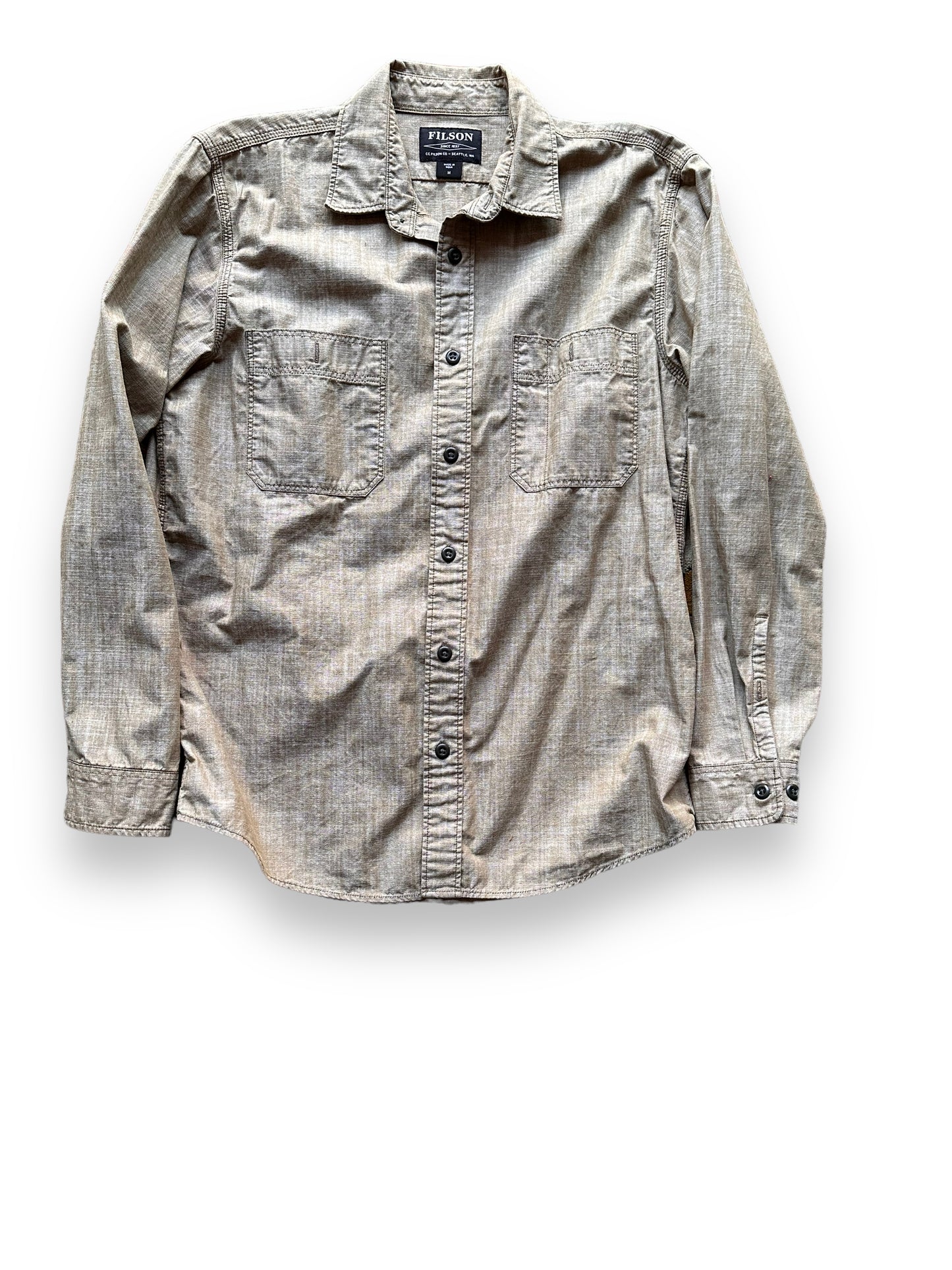 Front View of Filson Brown Chambray CPO Shirt SZ M |  Barn Owl Vintage Goods | Filson Bargain Outlet Seattle