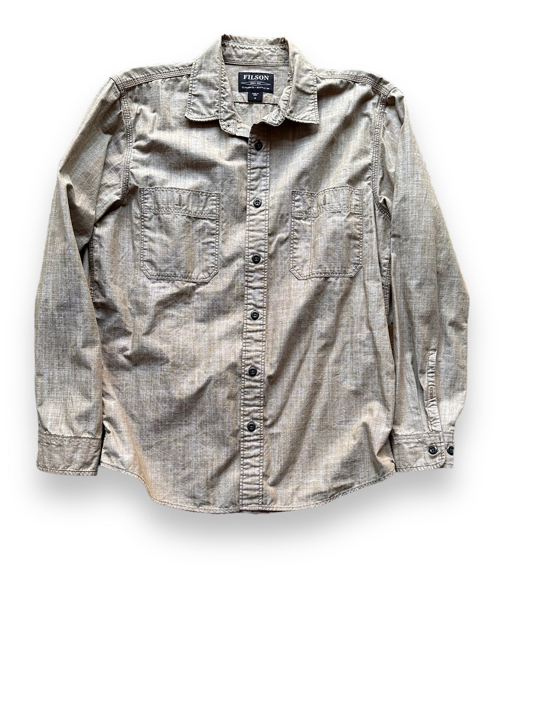 Front View of Filson Brown Chambray CPO Shirt SZ M |  Barn Owl Vintage Goods | Filson Bargain Outlet Seattle
