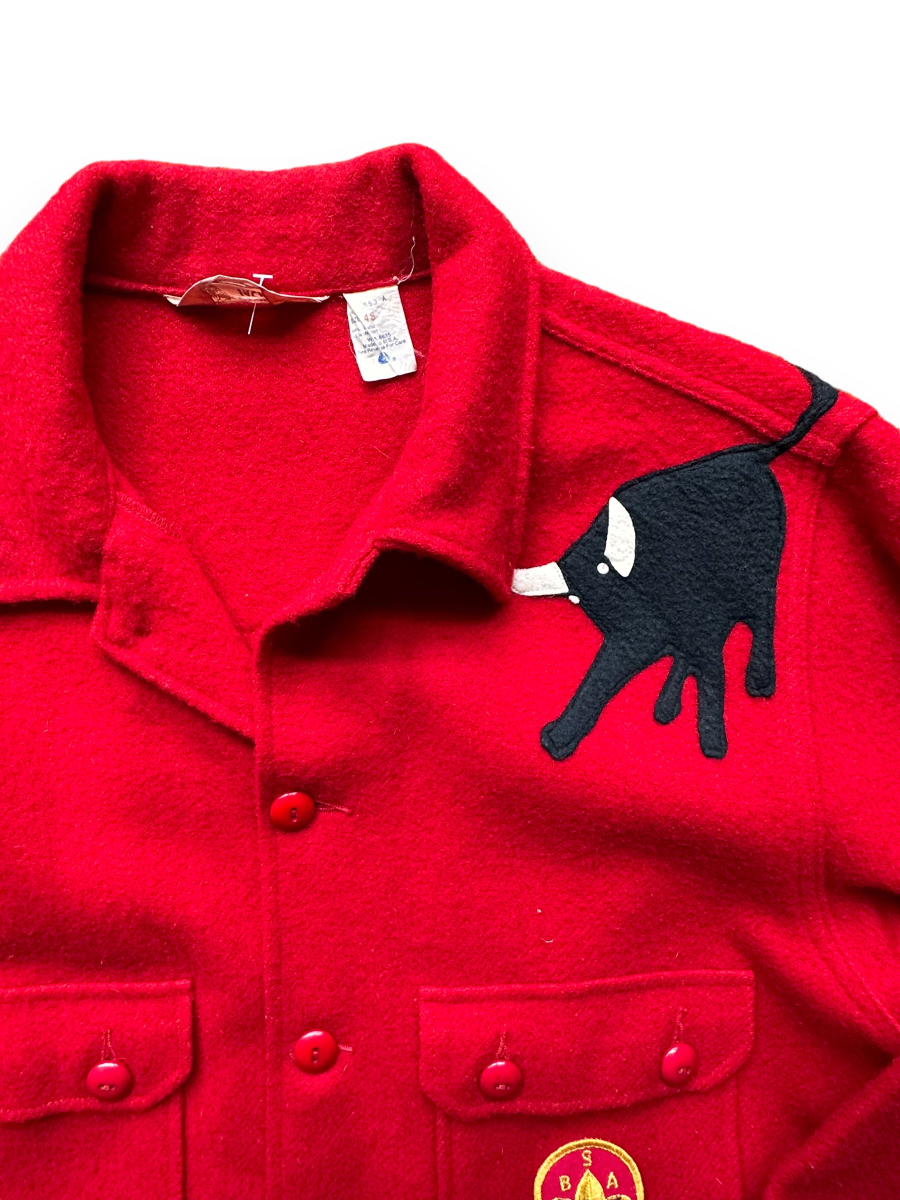 Close Up of Philmont Bull and Tag on Vintage Wool Philmont Boy Scout Camp Jacket SZ XL | Vintage Boy Scout Jacket | Seattle Vintage Clothing