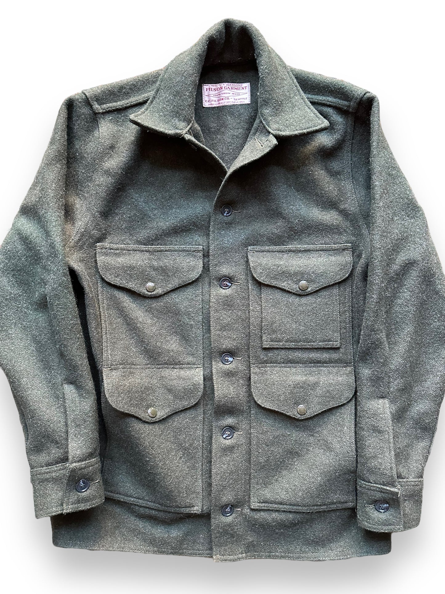 Front Detail on Filson Forest Green Mackinaw Cruiser SZ 42 |  Filson Cruiser Seattle | Vintage Workwear Seattle