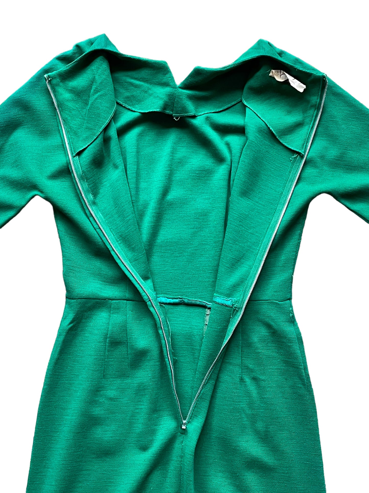 Back open zipper of Vintage 1950s Green Wool Wiggle Dress SZ M | Barn Owl Vintage Dresses| Seattle Vintage Ladies Clothing