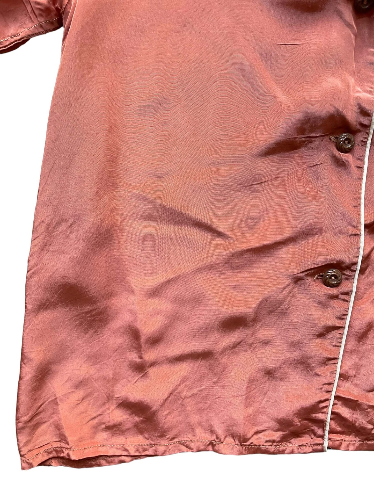 Lower front right side view of 1940s Peggy Prim Satin PJ Top L-XL