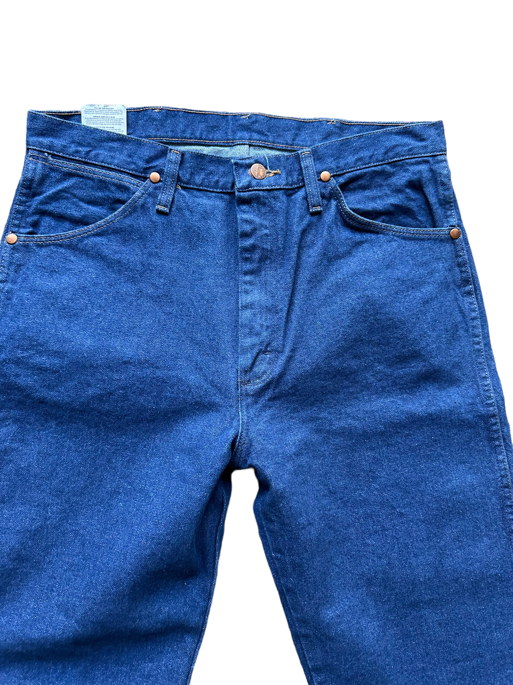 Front waist view of Vintage 90s Deadstock Wrangler Cowboy Cut Denim 33x36 | Seattle Vintage Jeans | Barn Owl Vintage