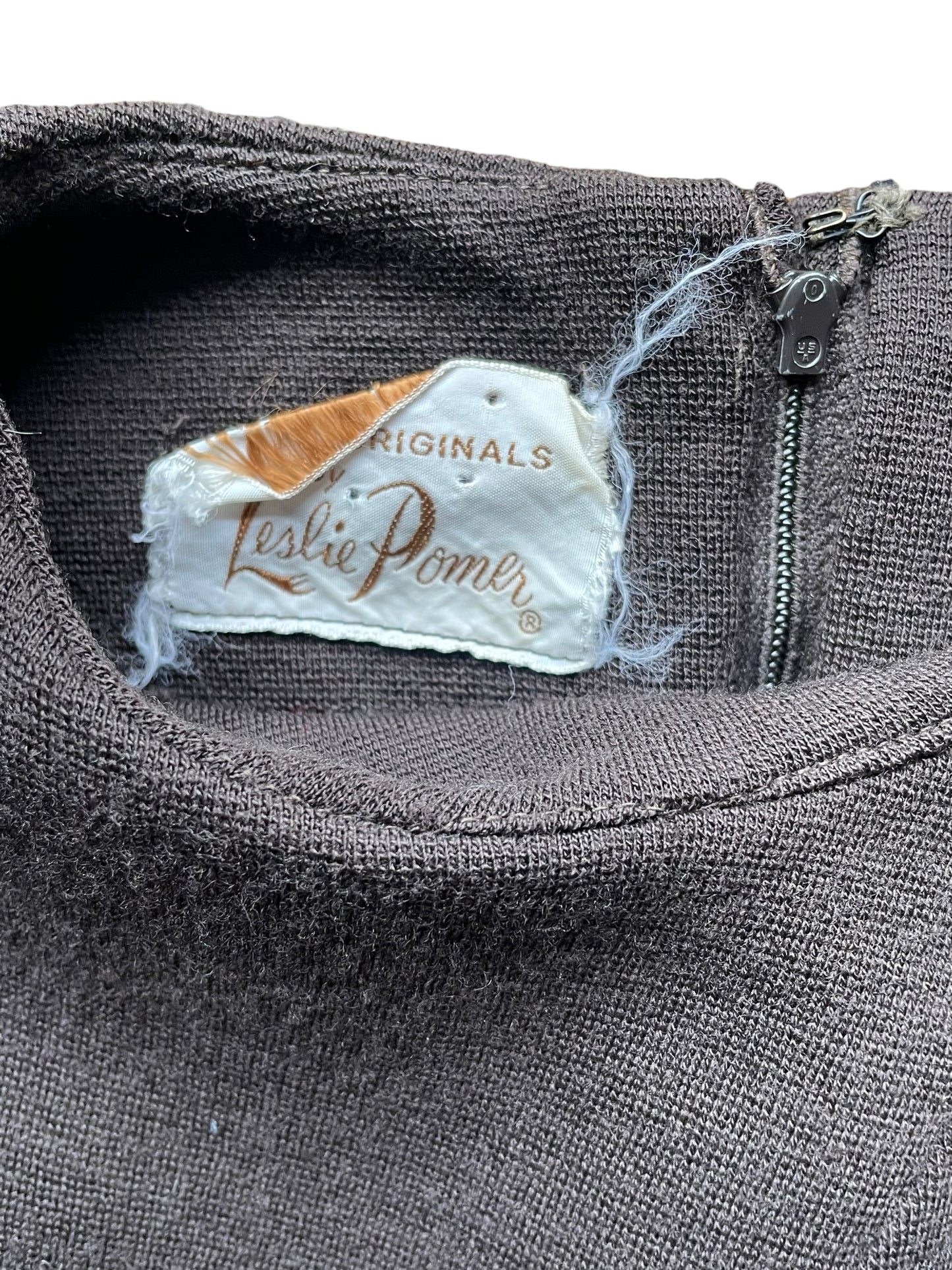 Tag view of Vintage 1950s Brown Wool Wiggle Dress SZ M | Barn Owl Vintage Dresses | Seattle Vintage Ladies Clothing