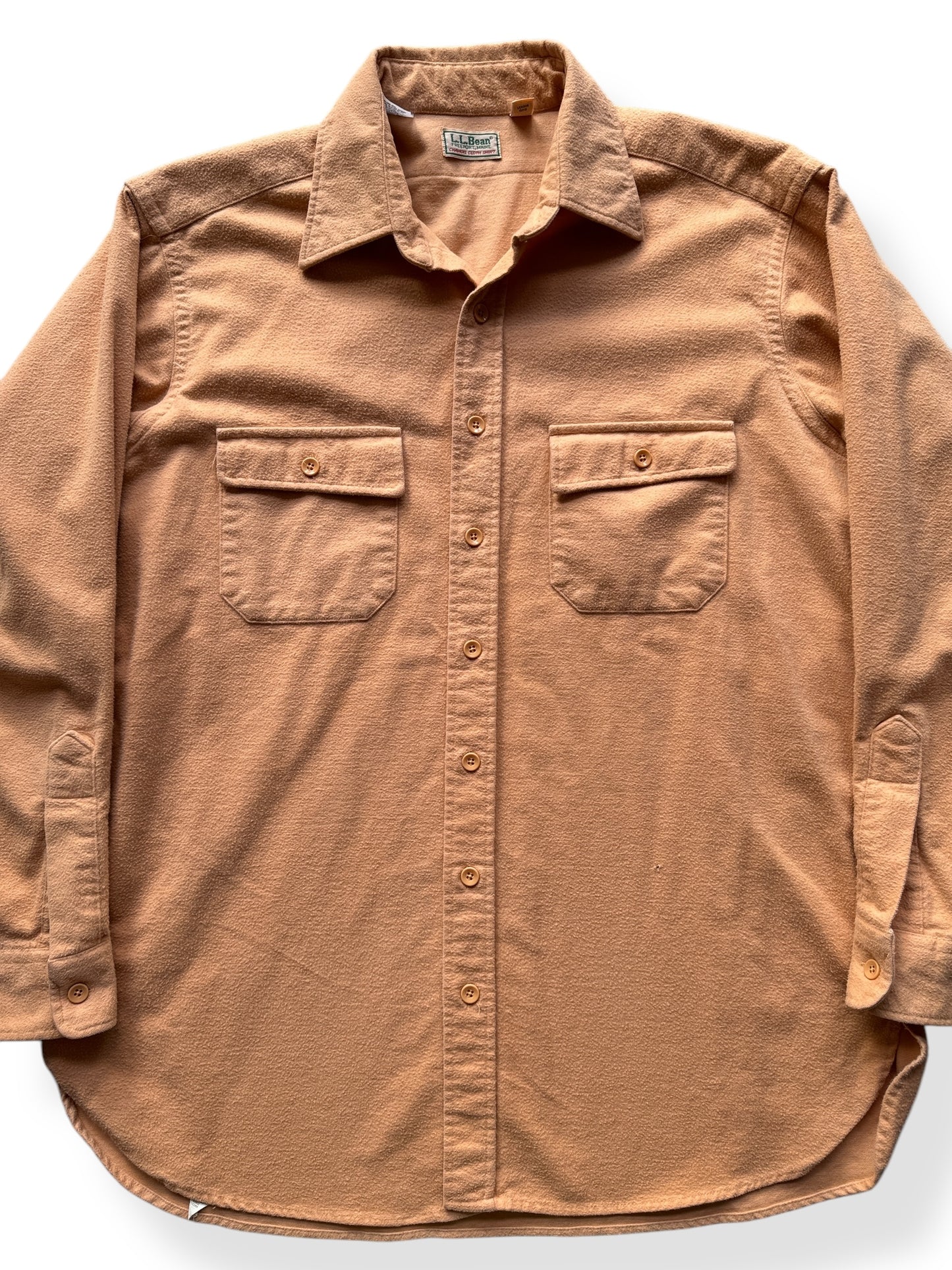 Front Close Up of Vintage Peach LL Bean Chamois Cloth Shirt SZ XXL Tall
