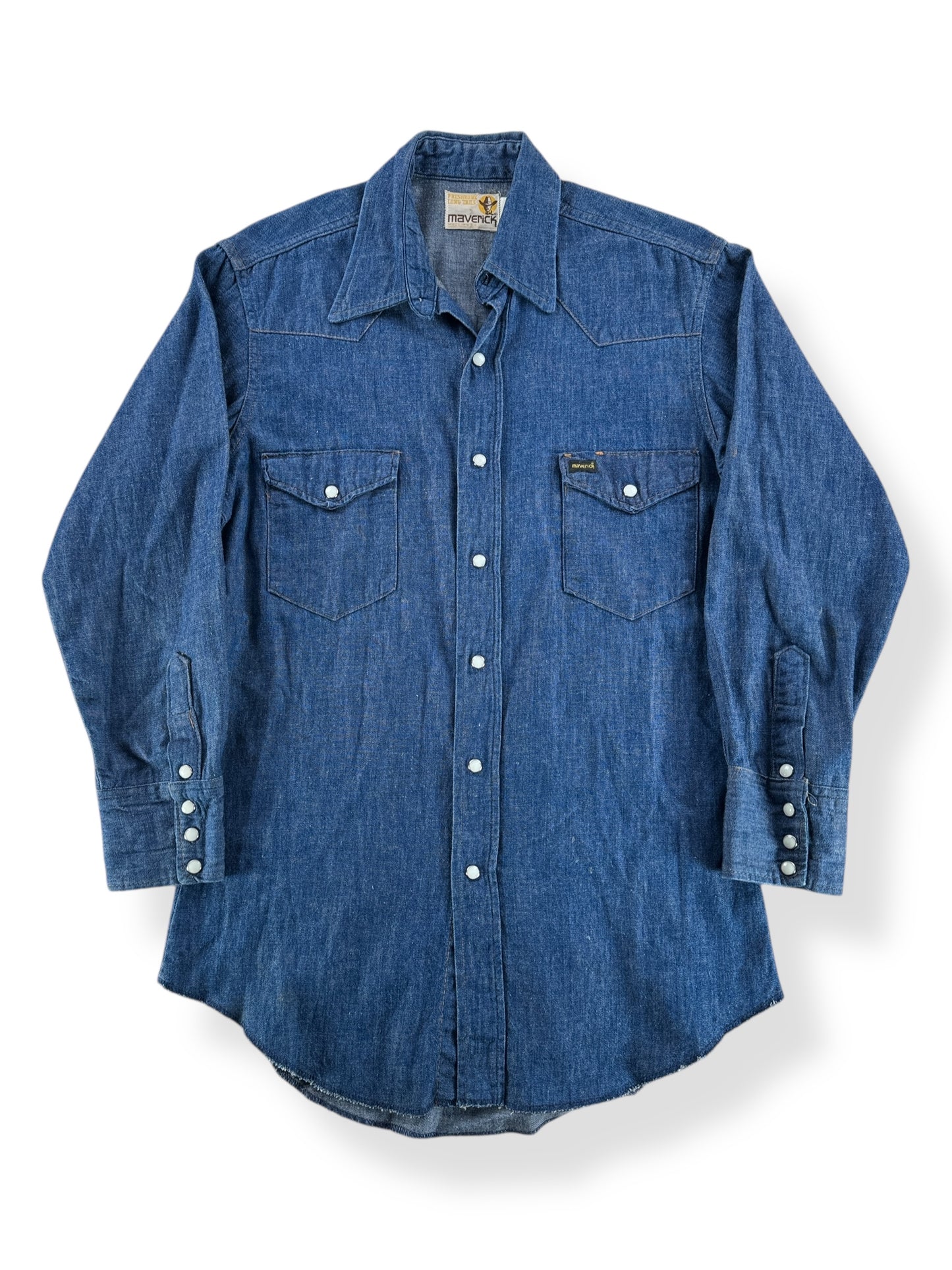 Front of Vintage Maverick Dark Blue Denim Pearl Snap SZ M