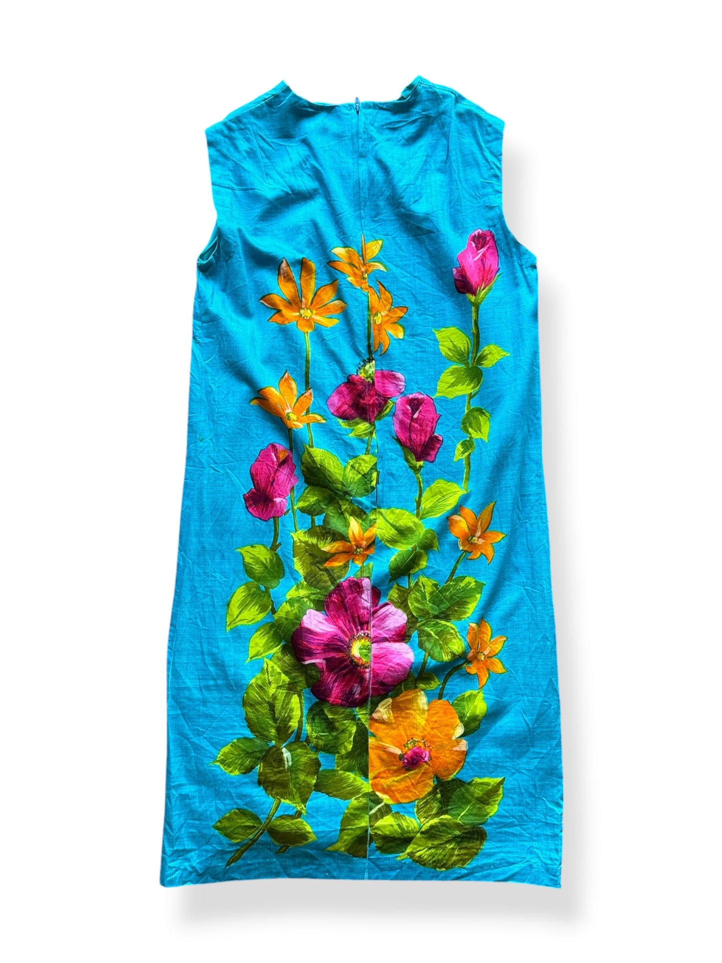 Back of Vintage 1960s Blue Floral Shift Dress M