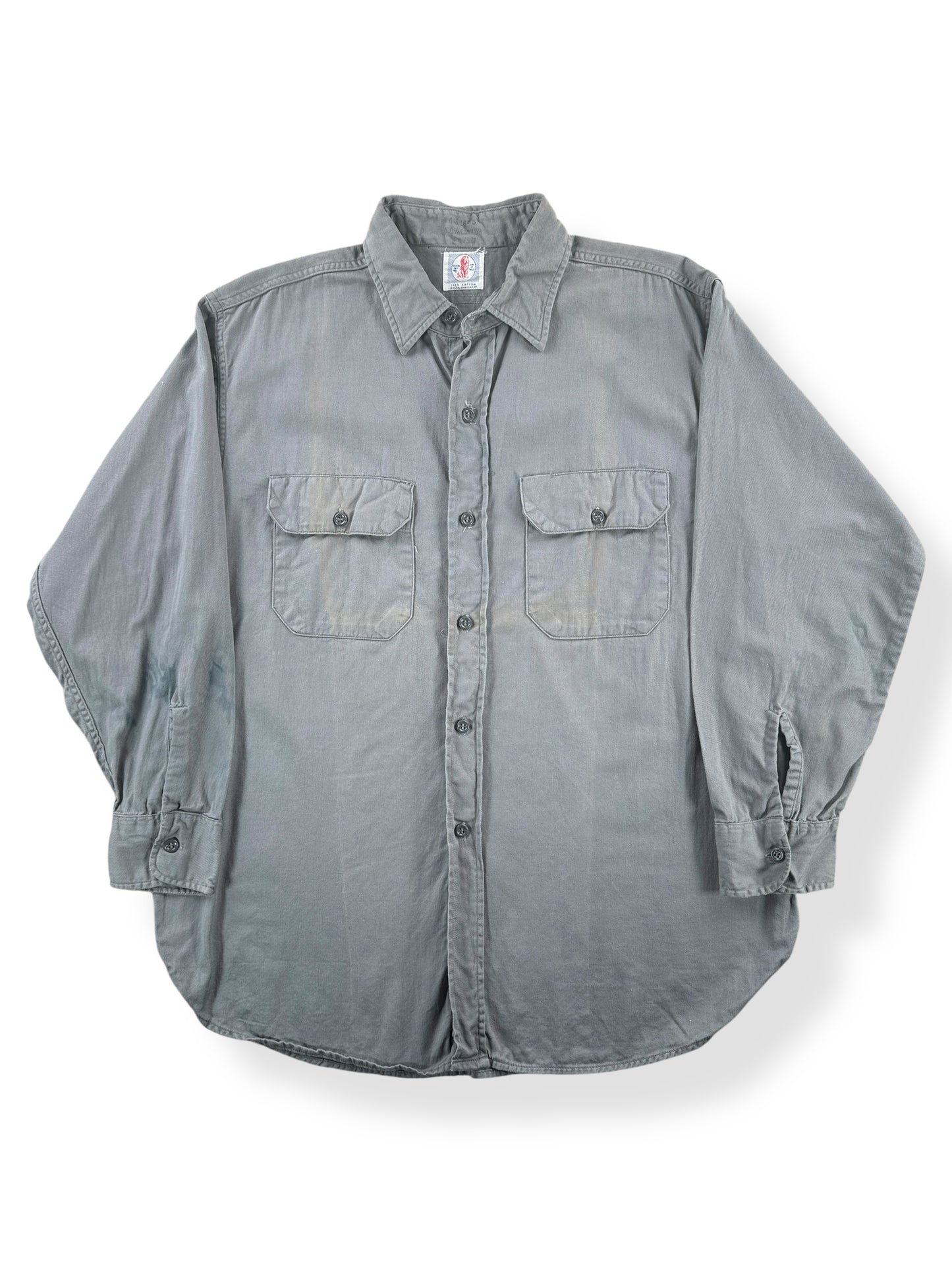 Front of Vintage Stevens Twist Twill Grey Work Shirt SZ L AS IS