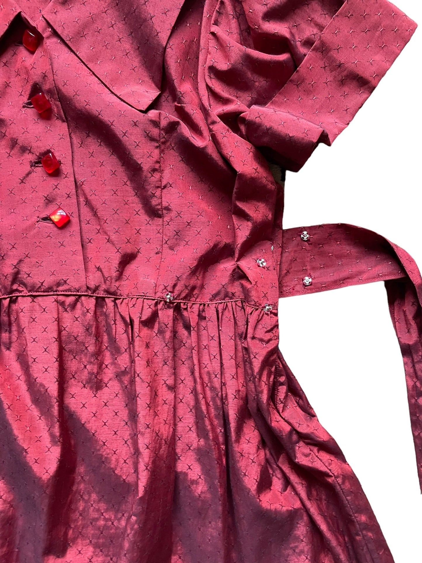 Side button view of Vintage 1950s Handmade Red Satin Dress SZ M | Barn Owl Vintage Dresses | Seattle Ladies Vintage Clothing