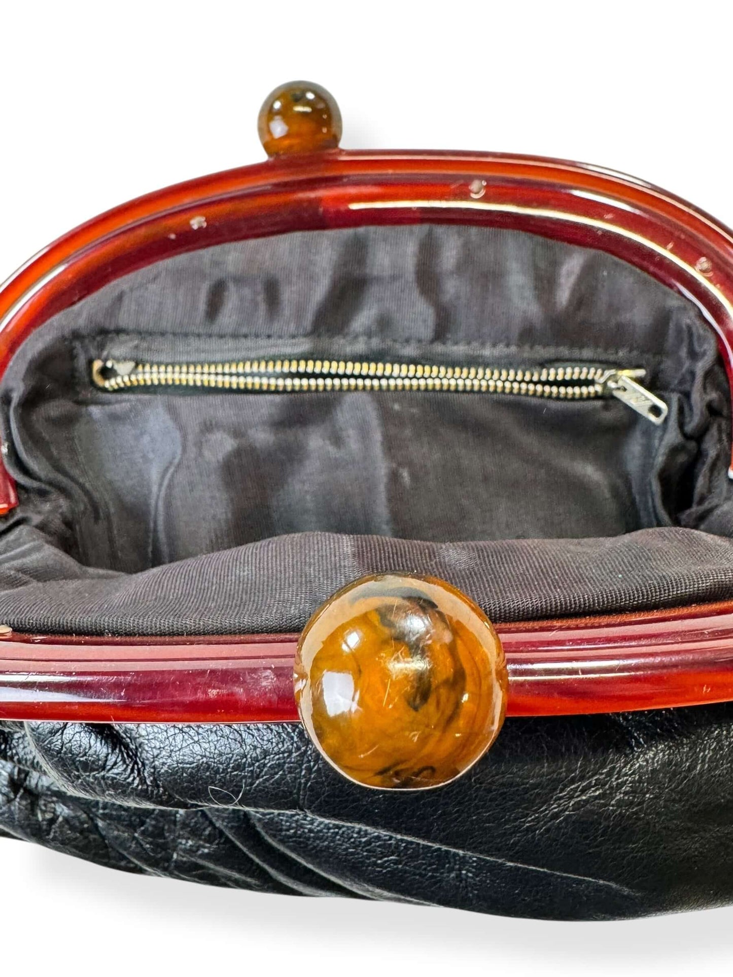 Open view of 1950s Black Leather Clutch with Lucite Handle
