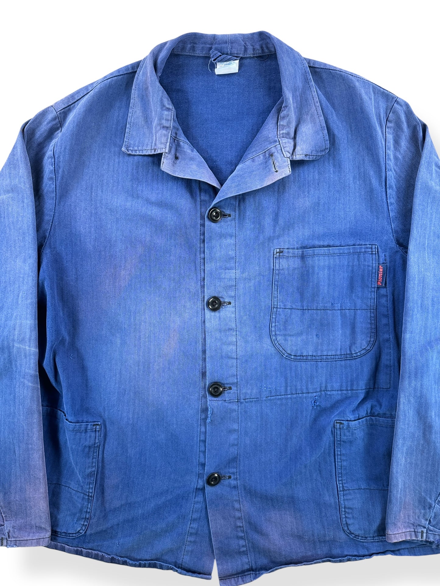 Front Close Up of Vintage HBT Pionier Faded and Repaired Euro Work Jacket SZ L
