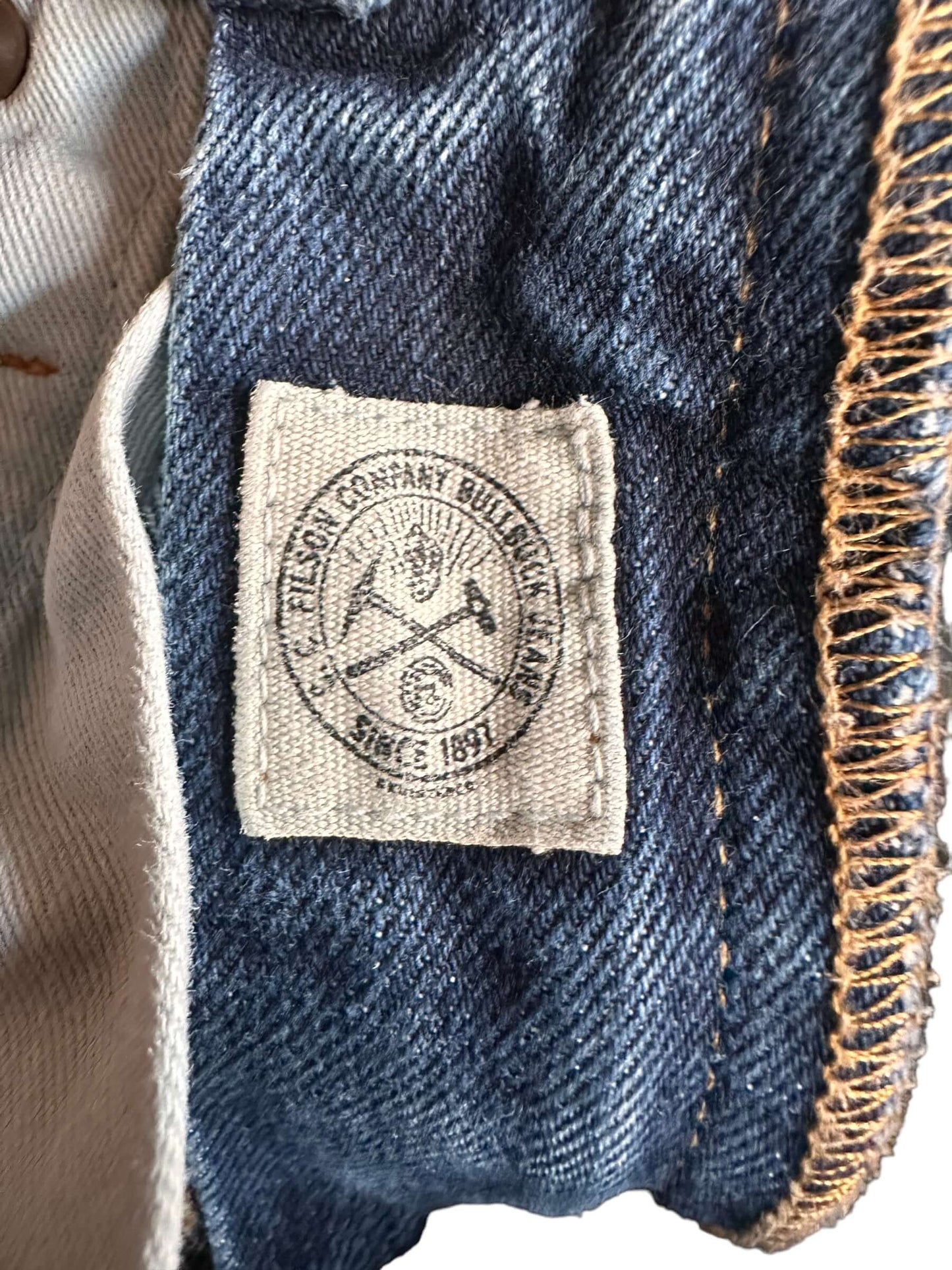 Filson Tag INside Zipper on Filson Denim Doublefront Jeans W30 | Filson Double Knees | Filson Denim Workwear Seattle