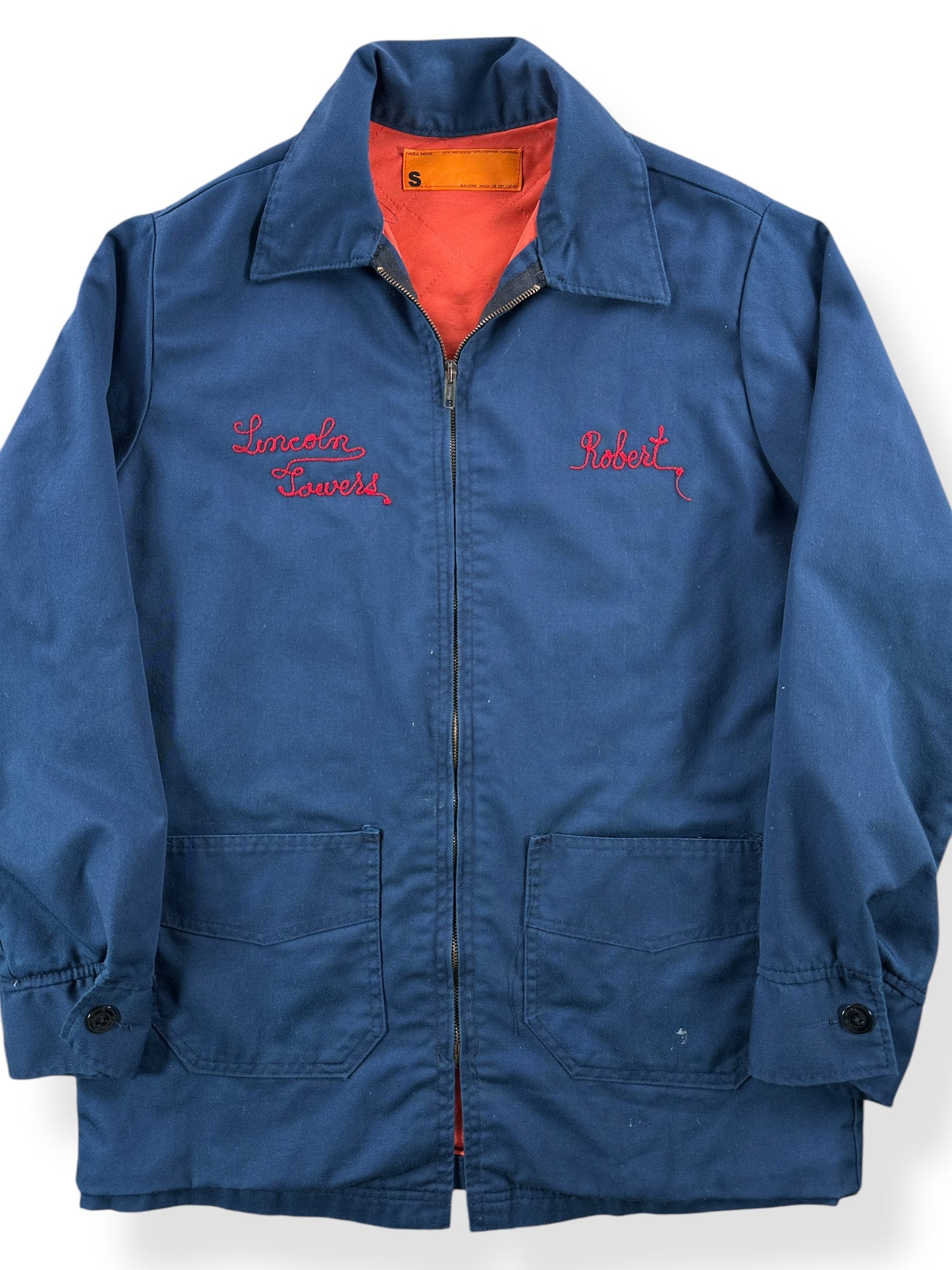 Front Close Up of Vintage Lincoln Towers Quilted Shop Jacket SZ S