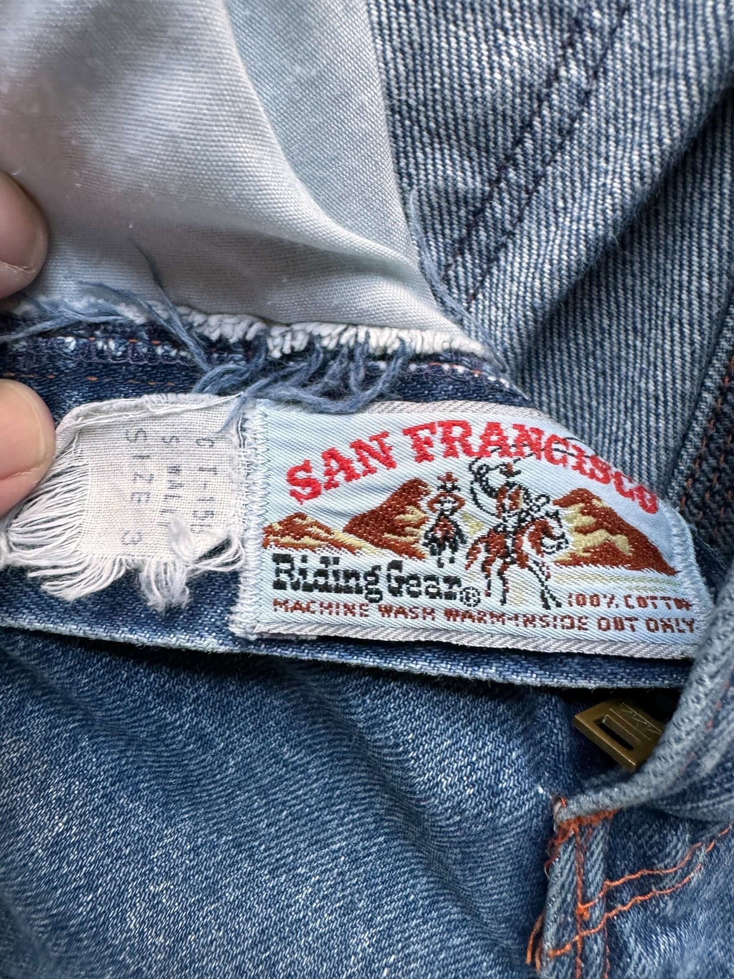 Tag view of Vintage 70s San Francisco Riding Gear Wide Leg Jeans W28