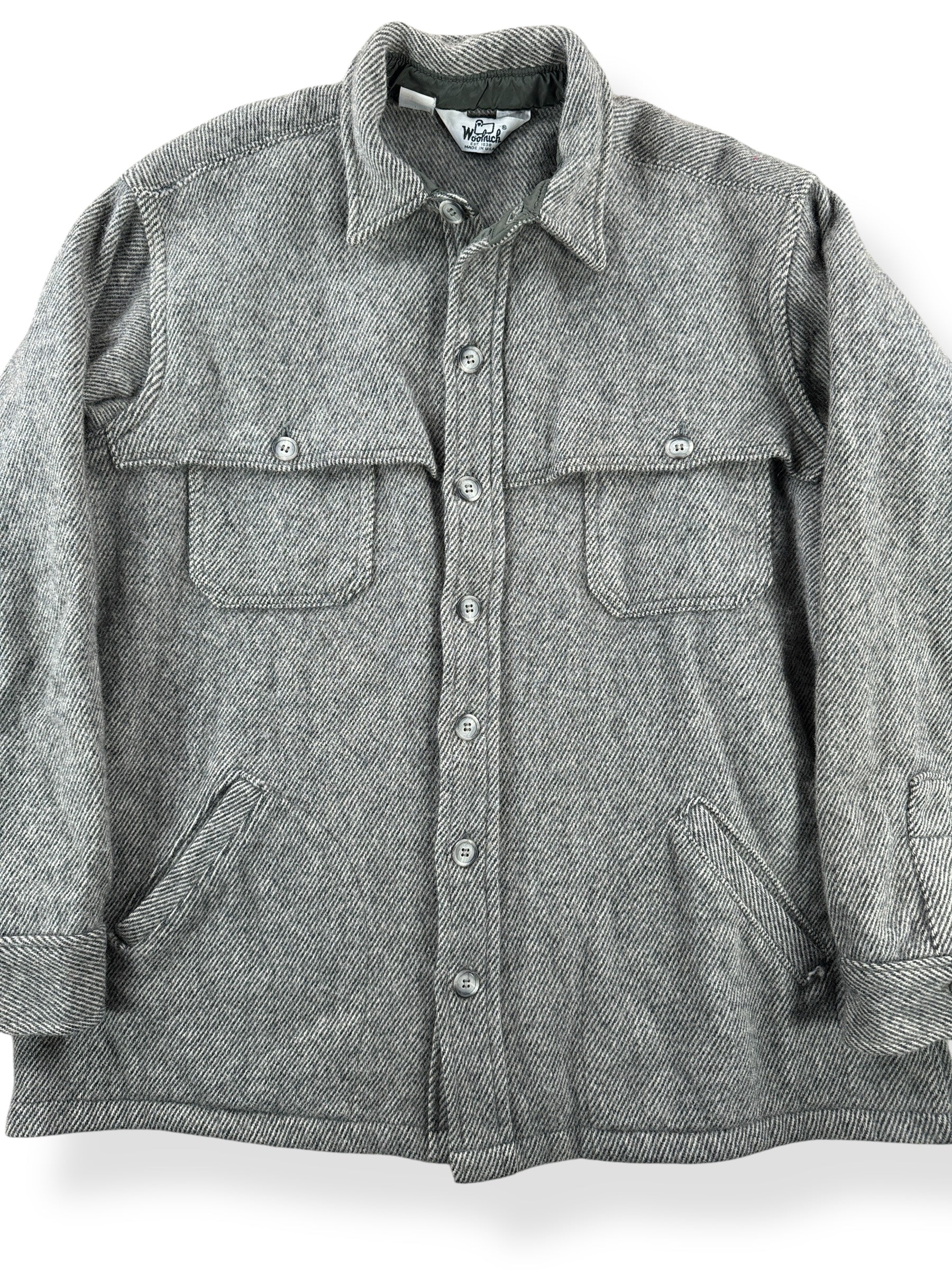 Front Close Up of Vintage Woolrich Herringbone Halibut Jacket SZ L
