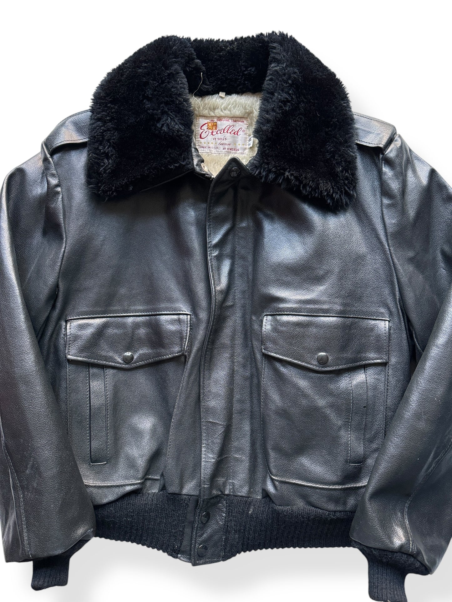 Front Close Up of Vintage Excelled Leather A-2 Style Leather Bomber Jacket SZ 44
