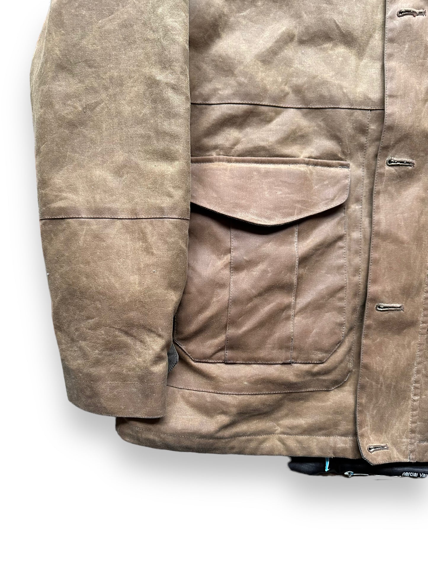 Front Lower Right Side Pocket & Sleeve on Filson X Burton Sentry Snowboarding Jacket SZ L | Barn Owl Vintage Goods | Filson Workwear Seattle