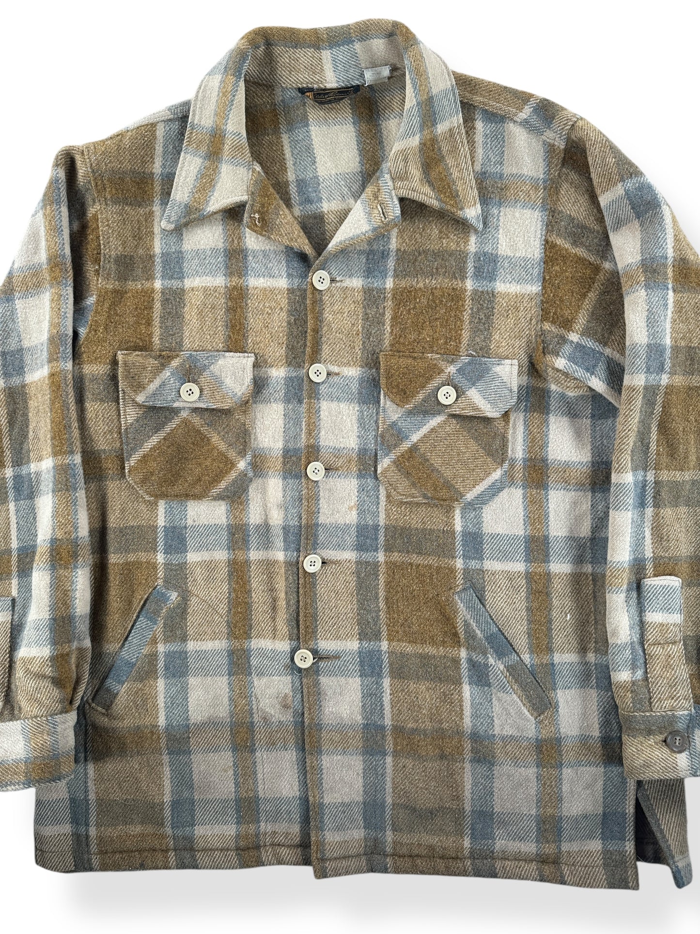 Front Close Up of Vintage 80s Eddie Bauer Wool Flannel Jacket SZ XL