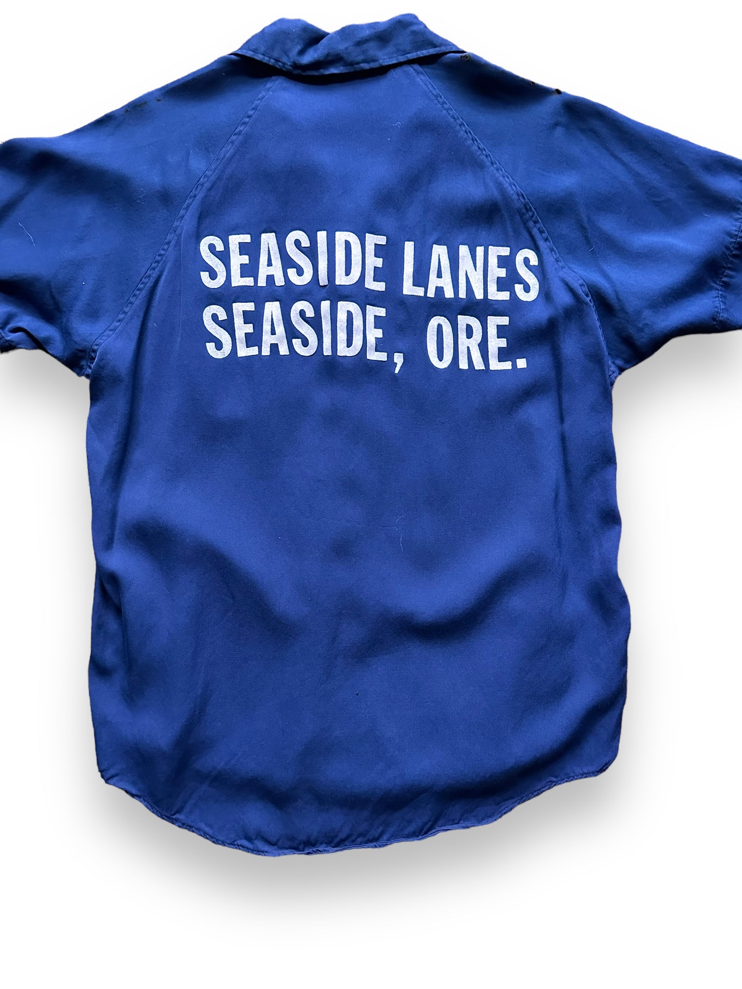 back close up of Vintage Seaside Lanes Oregon Mens Rayon Bowling Shirt SZ M | Vintage Bowling Shirt Seattle | Barn Owl Vintage Seattle