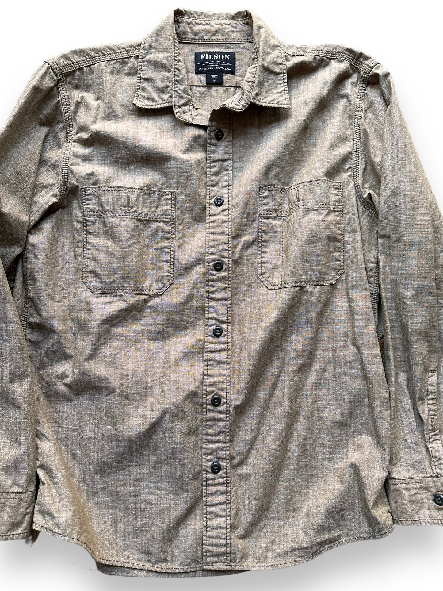 Front Detail on Filson Brown Chambray CPO Shirt SZ M |  Barn Owl Vintage Goods | Filson Bargain Outlet Seattle
