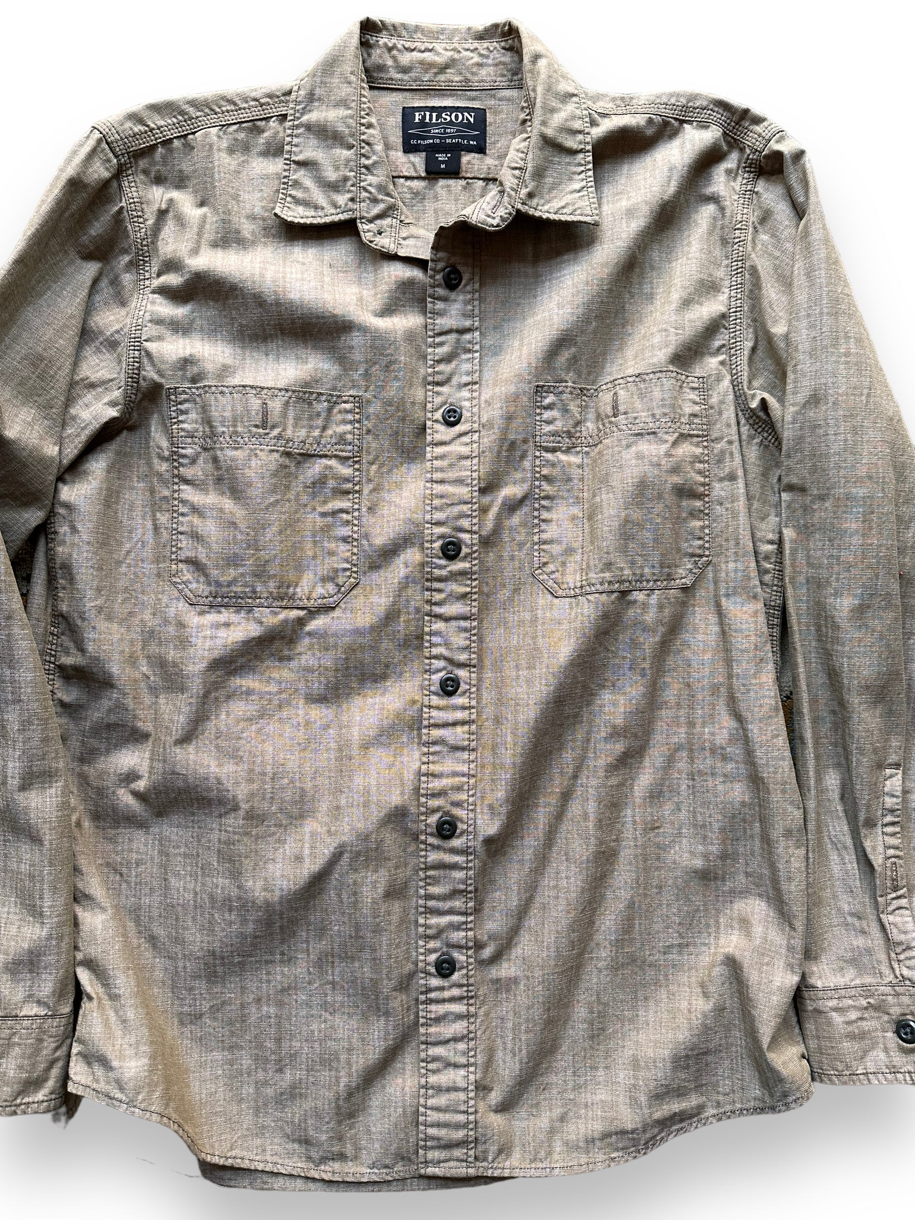 Front Detail on Filson Brown Chambray CPO Shirt SZ M |  Barn Owl Vintage Goods | Filson Bargain Outlet Seattle