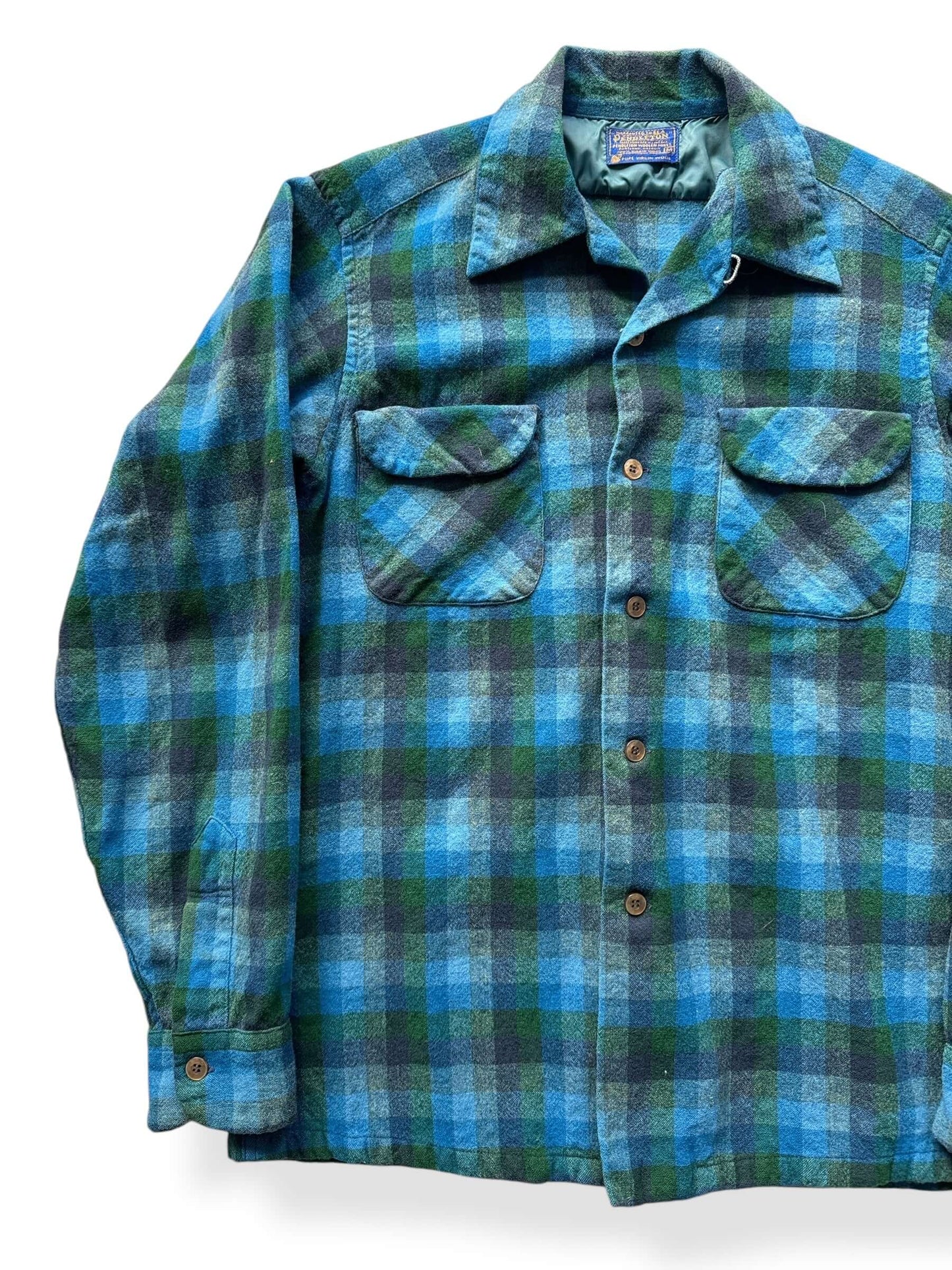 Front Right of Vintage Pendleton Blue and Green Board Shirt SZ M AS IS