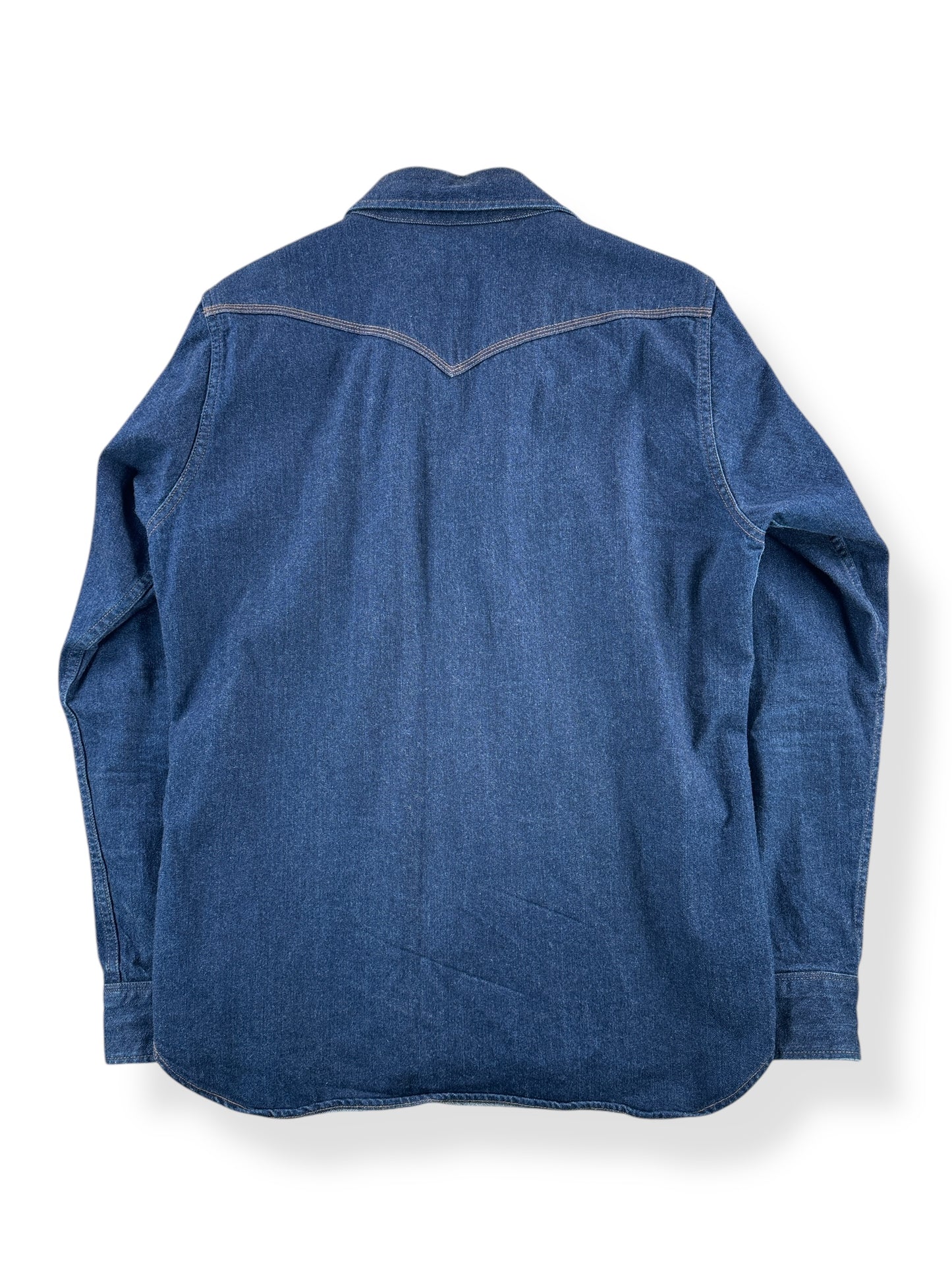 Back of Modern Iron Heart Denim Pearl Snap Shirt SZ L