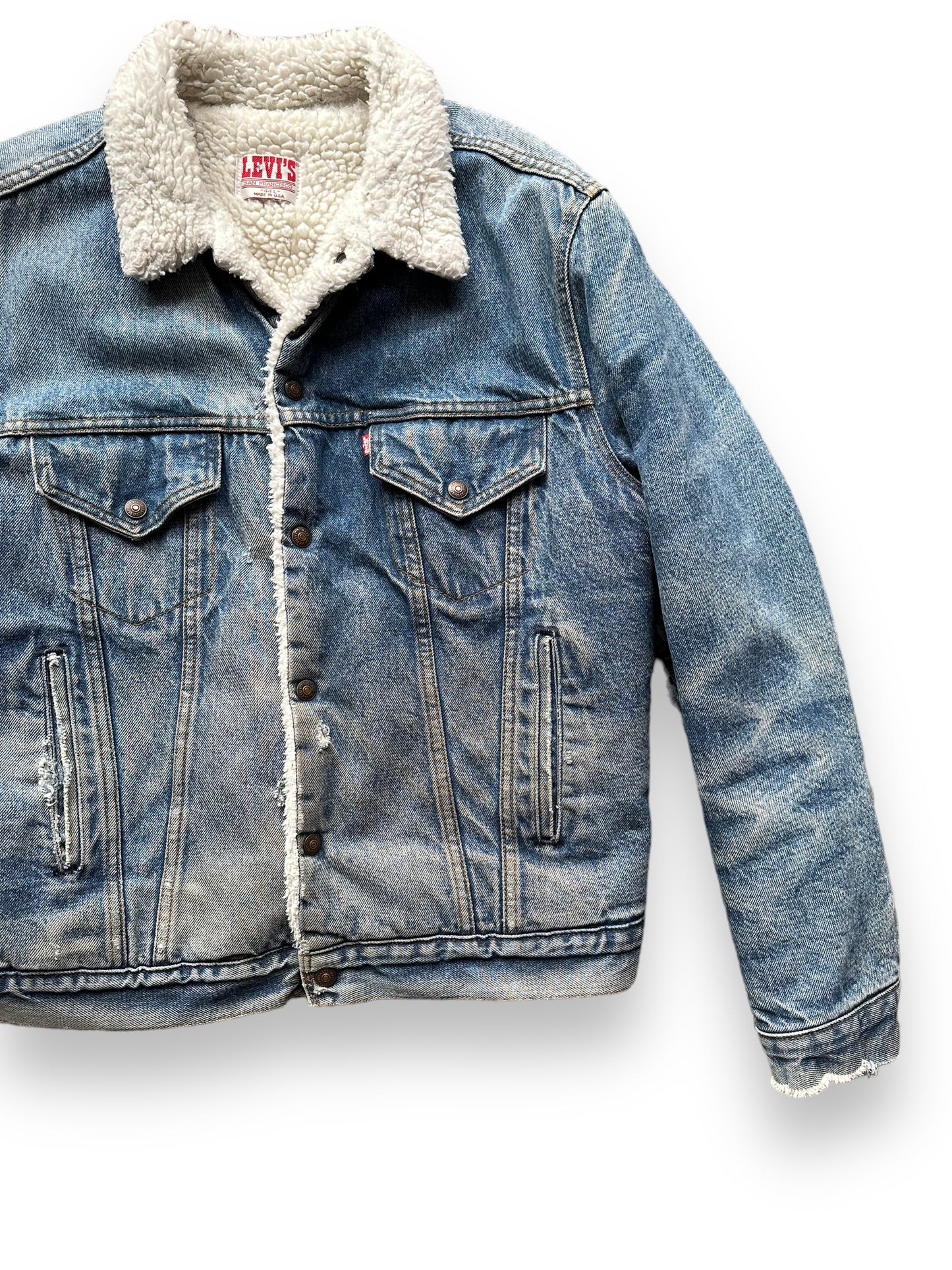 Front Left View of Vintage Levis Sherpa Type III Denim Jacket SZ 44L | Vintage Denim Workwear Seattle | Barn Owl Seattle