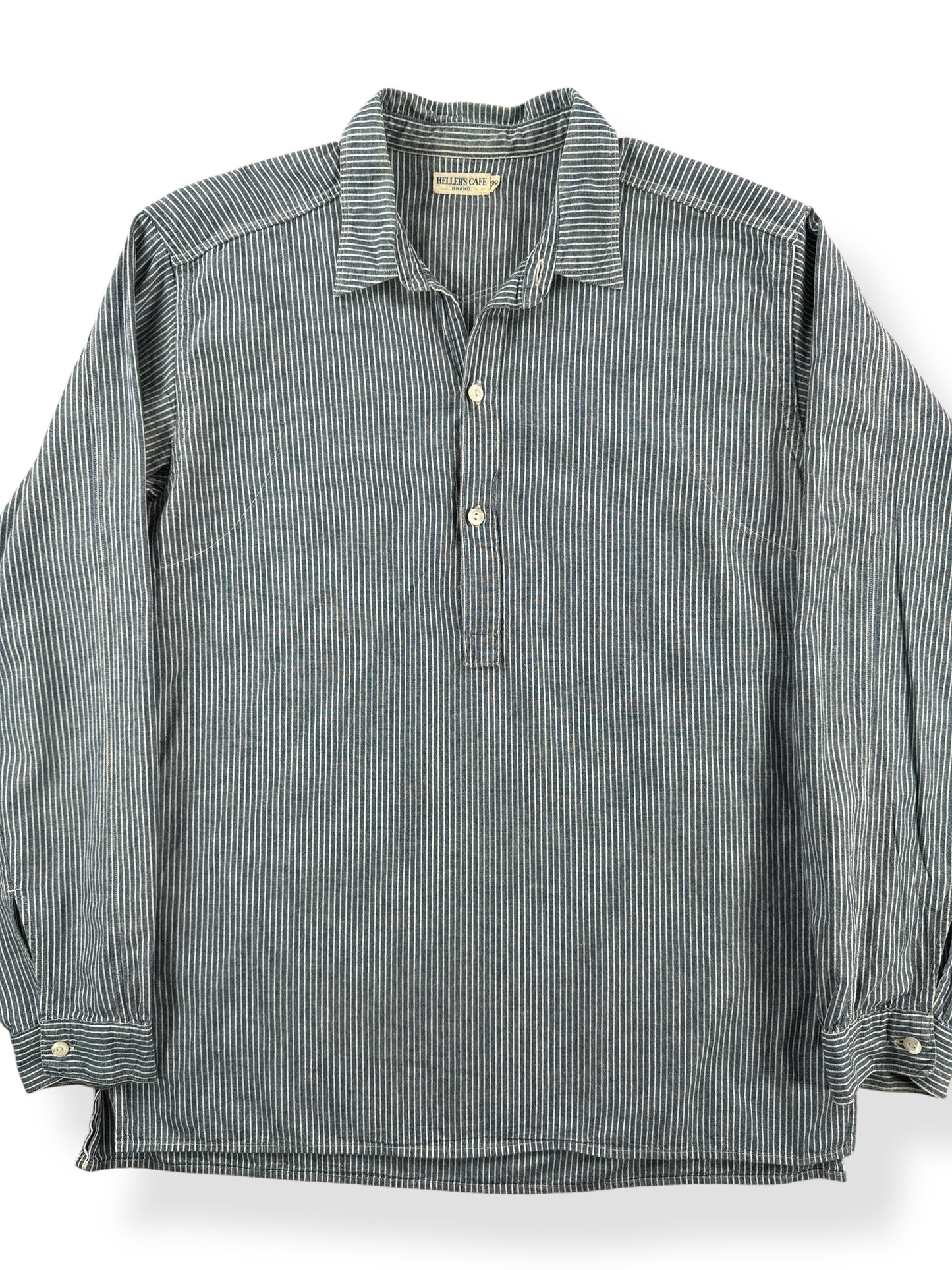 Front Close Up of Repro Heller's Cafe Hickory Stripe Pullover Shirt SZ 38