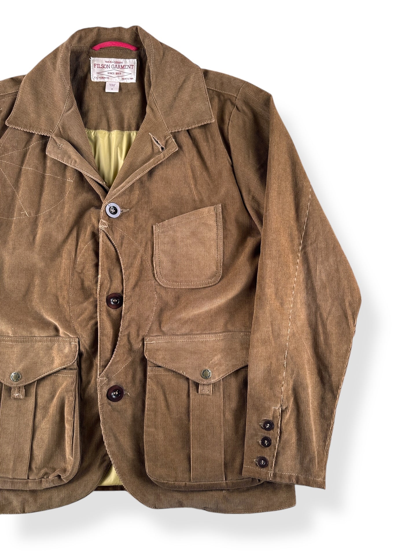 Front Left of Filson Corduroy Dark Tan Guide Work Jacket SZ M