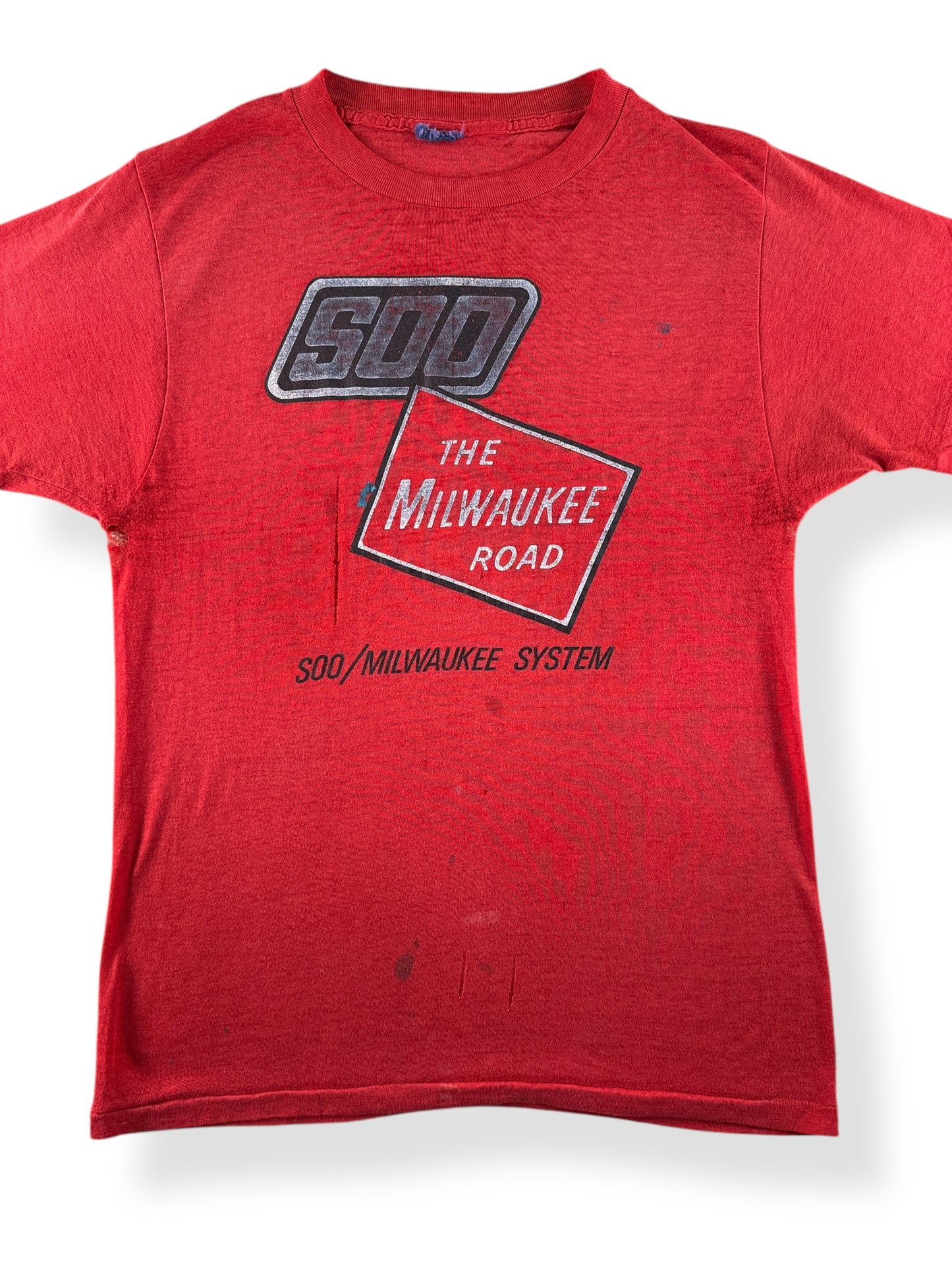 Front Close Up of Vintage 500 Milwaukee Road Red Thrasher Tee SZ S