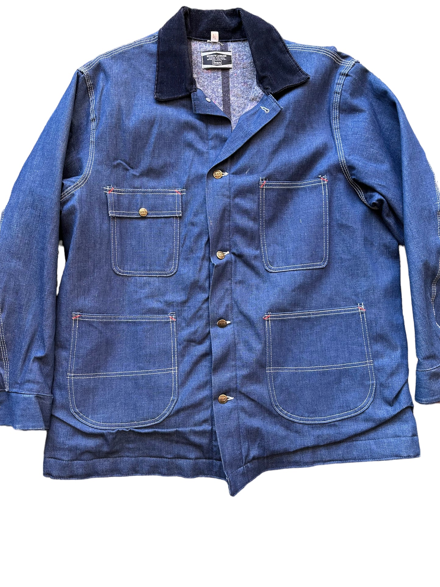 Front Detail on Vintage Sears Blanket Lined Denim Chore Coat SZ XL | Vintage Denim Chore Coat | Barn Owl Vintage Seattle